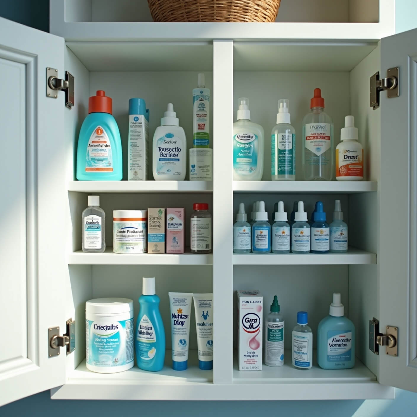 Open bathroom medicine cabinet with glass shelves, neatly organized with pain relievers, preservative-free eye drops in mini-fridge, and sterile eye care supplies, in cool morning light.