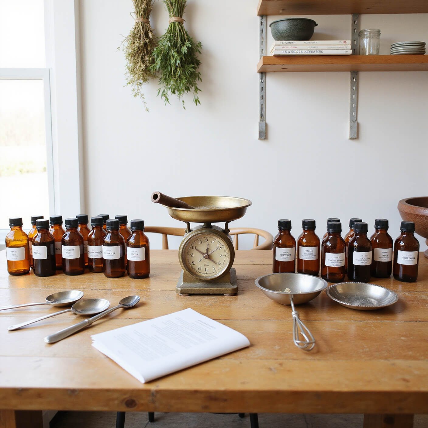 Bright, sunlit herbalist workspace with amber bottles, brass scales measuring rose hips and ginger root, hanging herb bundles, reference books, and vintage mortar and pestle on a maple table.