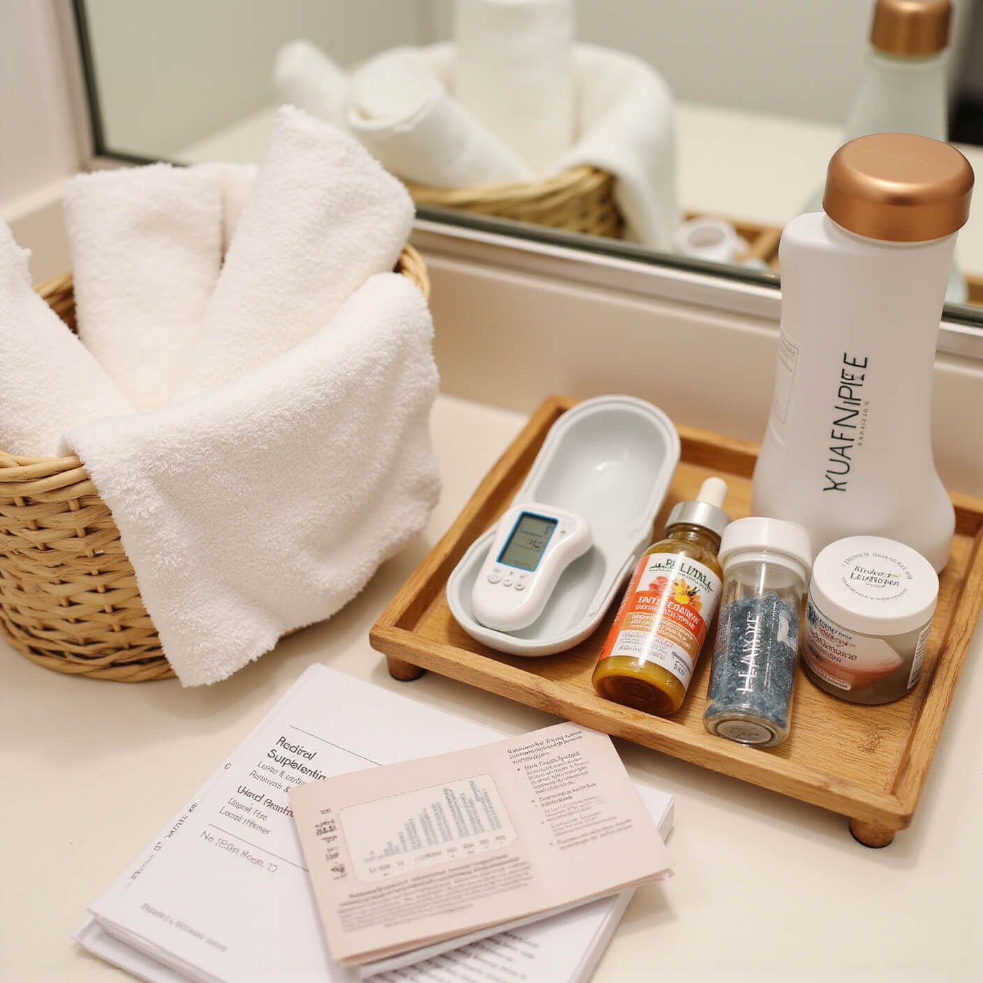 Spa-style bathroom counter at sunset with rolled white towels, digital thermometer, eye care products on bamboo tray, vitamins, water bottle, wellness journal, and copper accents.