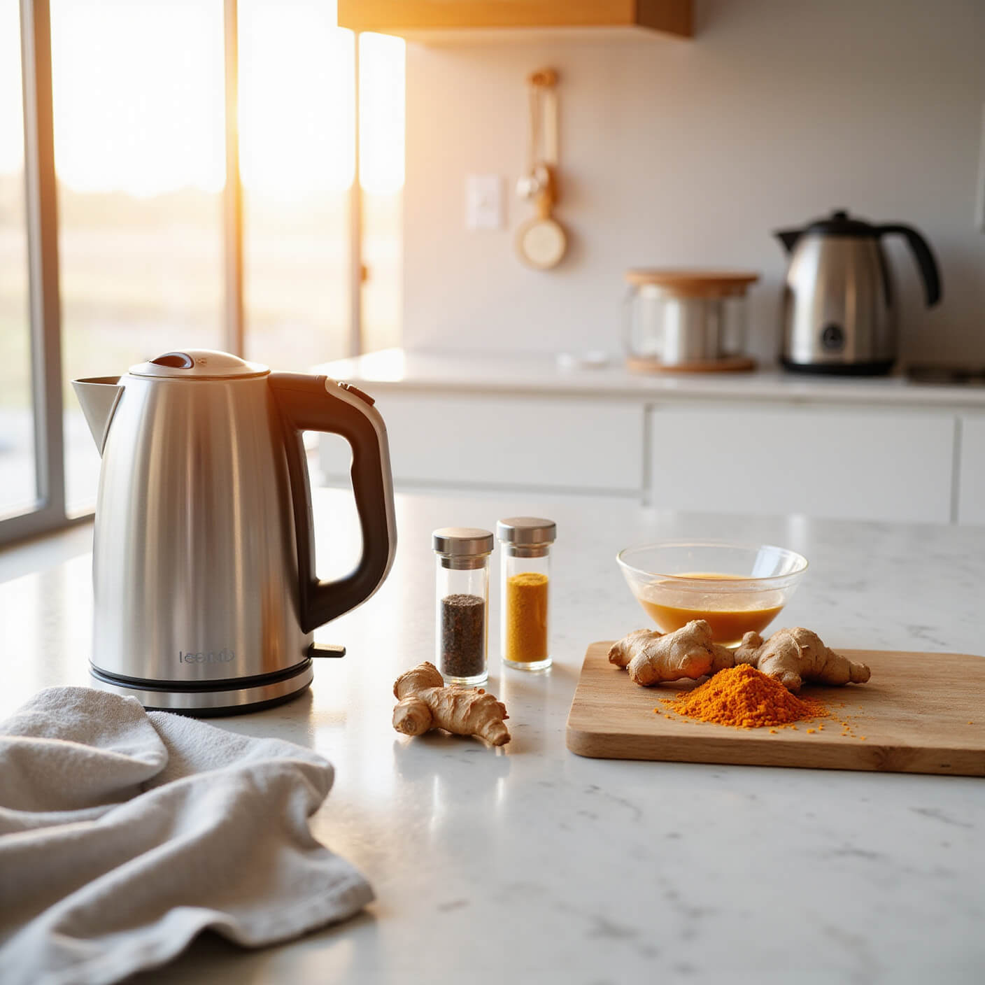 Modern kitchen counter at golden hour with marble surface, glass teapot, electric kettle, spice canisters, and fresh turmeric and ginger on a cutting board, accented by stainless steel tools and linen towels.