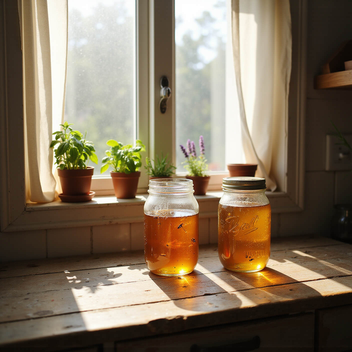 Rustic farmhouse kitchen with morning light, mason jar fly traps on a wooden counter, and fresh herbs in terracotta pots on the windowsill.