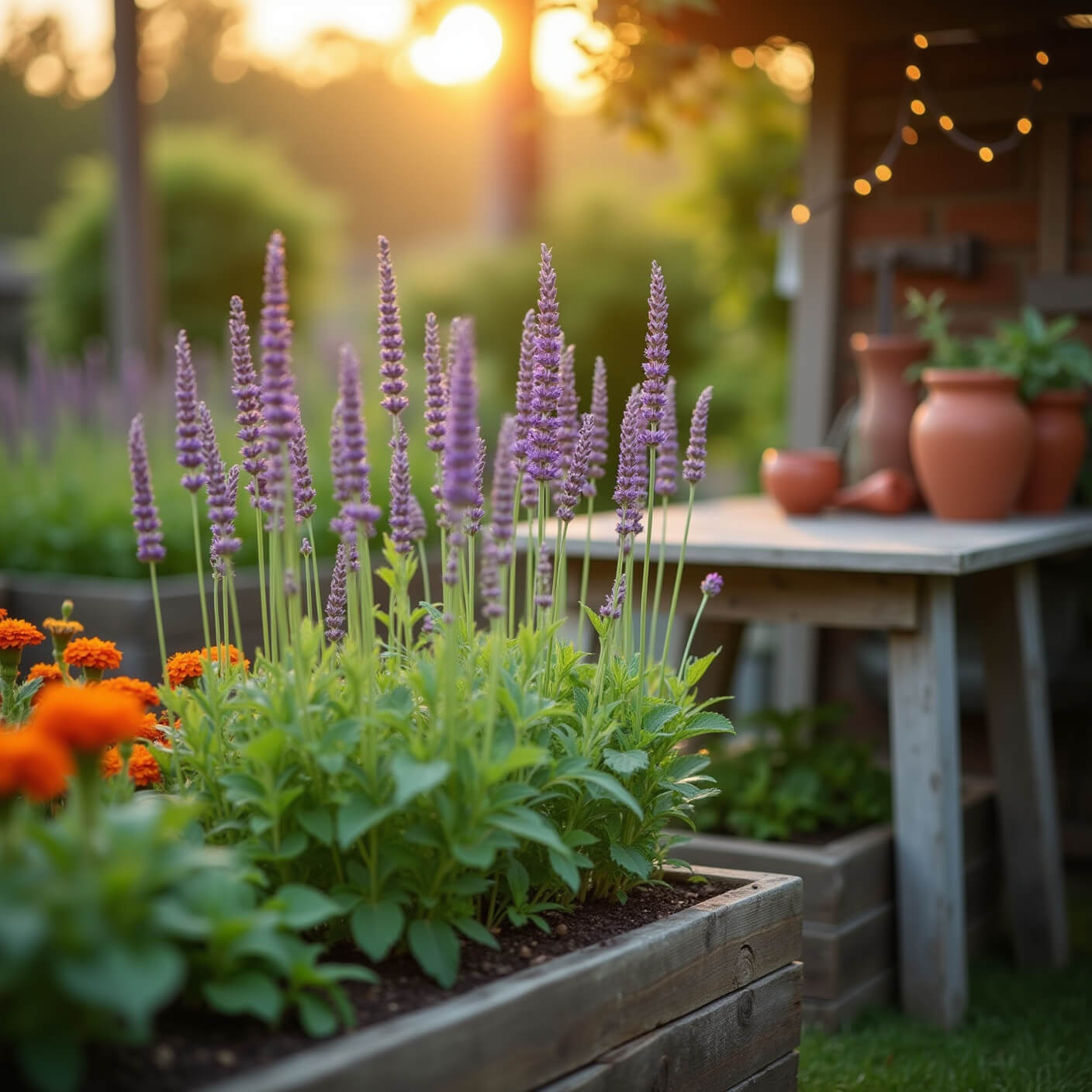 Herb garden at golden hour with lavender, mint, marigolds, and a rustic potting bench, softly lit with string lights.