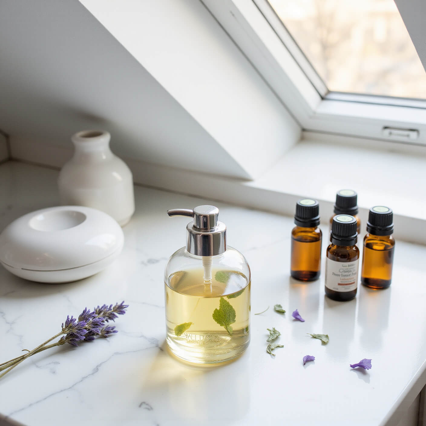 Minimalist bathroom counter with glass spray bottle, essential oils, dried lavender, and white diffuser on white marble surface in natural morning light.