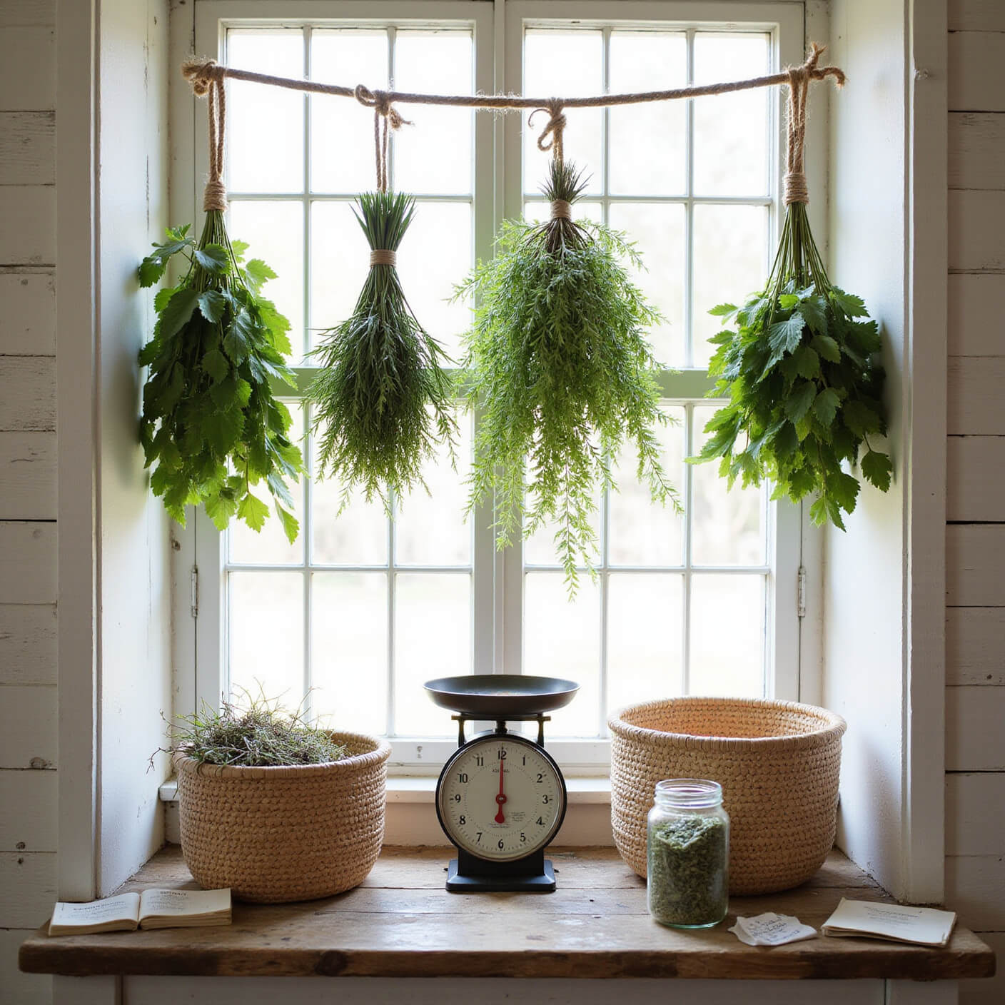 Rustic farmhouse windowsill with herbs like eucalyptus, mullein, and mint drying on twine, woven baskets below, glass jars, a vintage scale, and handwritten notes bathed in midday sunlight.