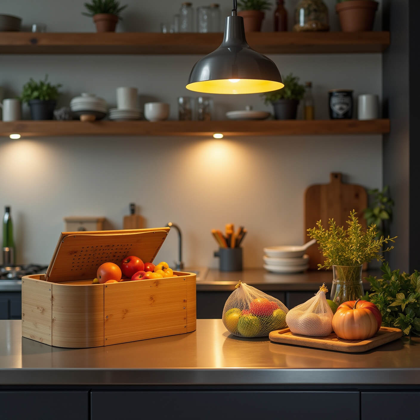 Eco-friendly kitchen at dusk with bamboo compost bin for fruit fly traps, glass storage jars, mesh produce bags, stainless steel counters, and natural wood accents under warm pendant lighting.