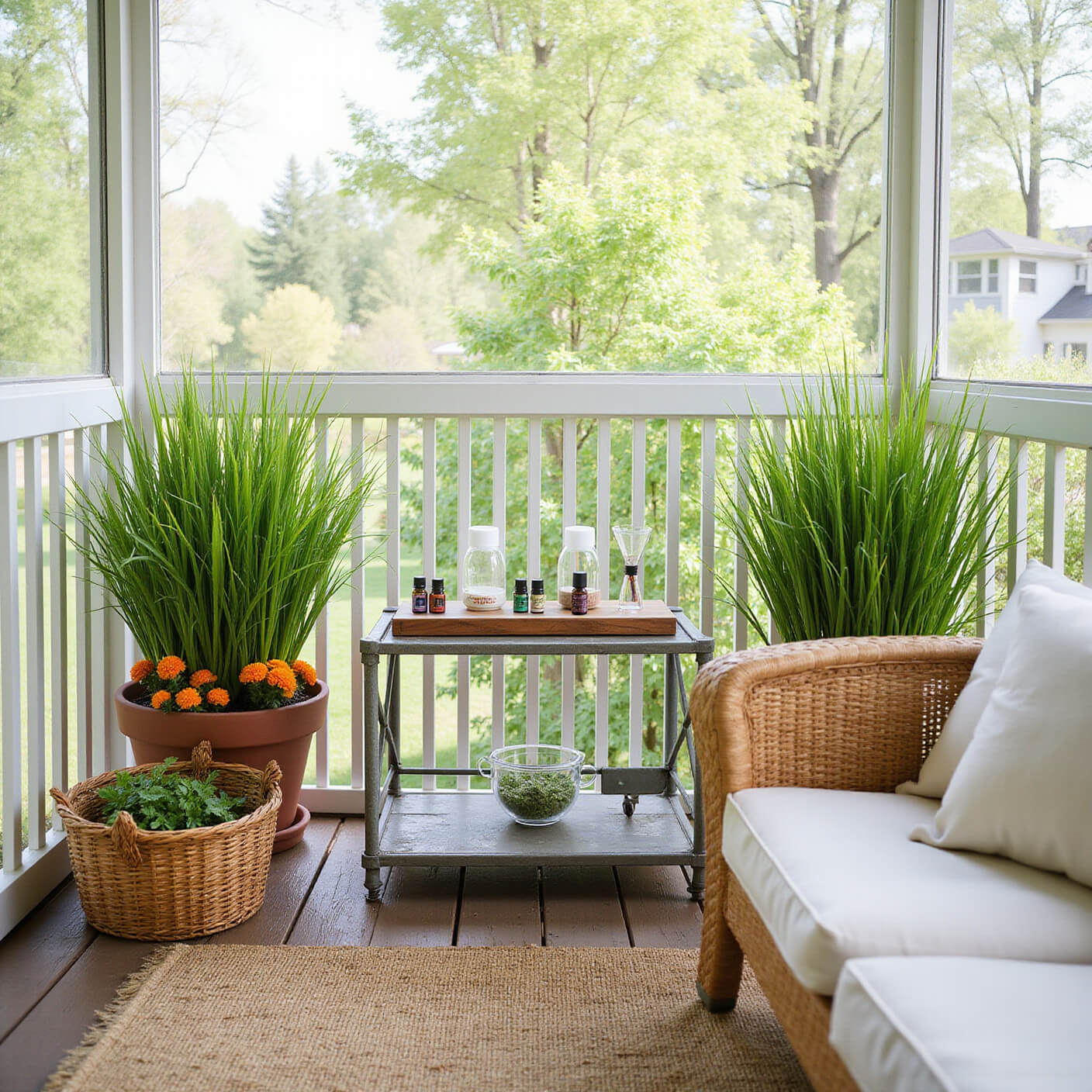 Sunlit screened porch with potted citronella grass and marigolds, vintage table holding essential oil diffusers, woven basket of herbs, string lights, jute rug, and linen cushions.