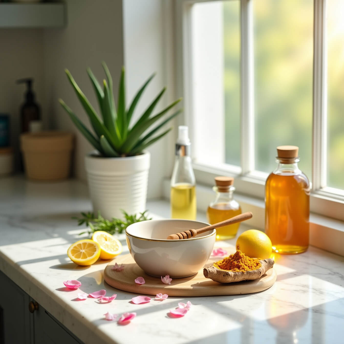 Natural skincare ingredients including turmeric, honey, lemons, rose petals, and oils arranged on a sunlit white marble kitchen counter with an aloe vera plant and herbs nearby.