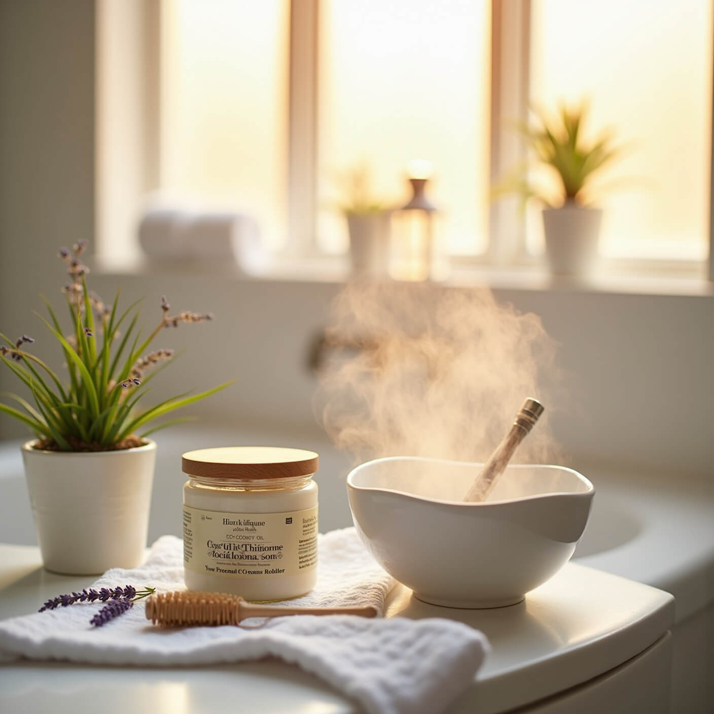 Eco-friendly skincare setup on a white vanity at golden hour, featuring coconut oil, bamboo face brush, cotton rounds, crystal roller, and natural accents like lavender and a succulent.