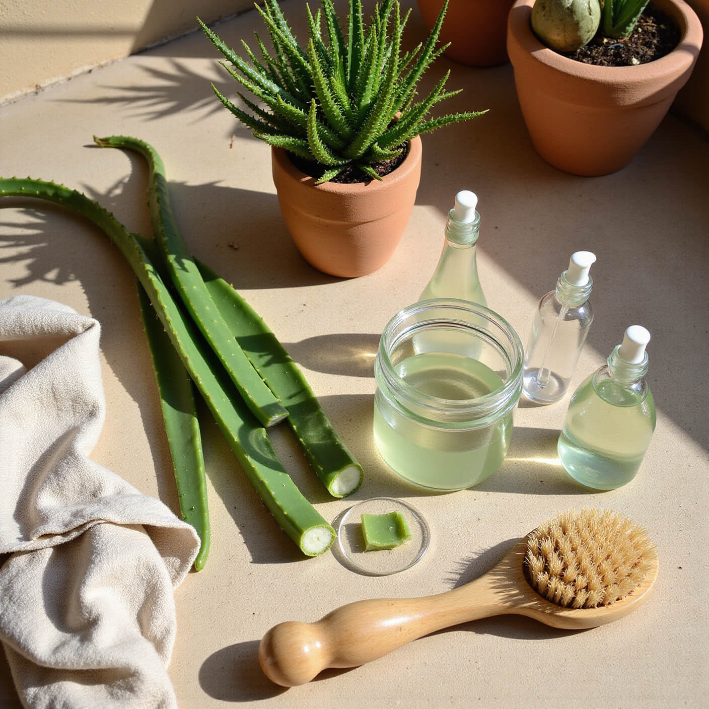 Top-down view of a sunny patio with a large aloe vera plant, glass jar of fresh aloe gel, skincare bottles, natural face cloths, wooden brush, stone mortar and pestle, and terracotta pots with herbs.