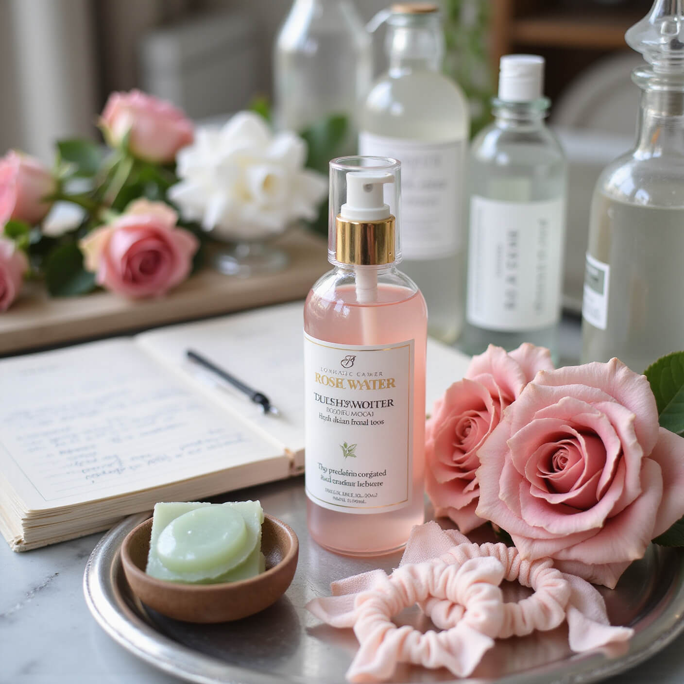 Vintage glass rose water atomizer surrounded by blooming pink roses, crystal bottles, jade facial tools, and silk accessories on a silver tray, bathed in soft afternoon light.