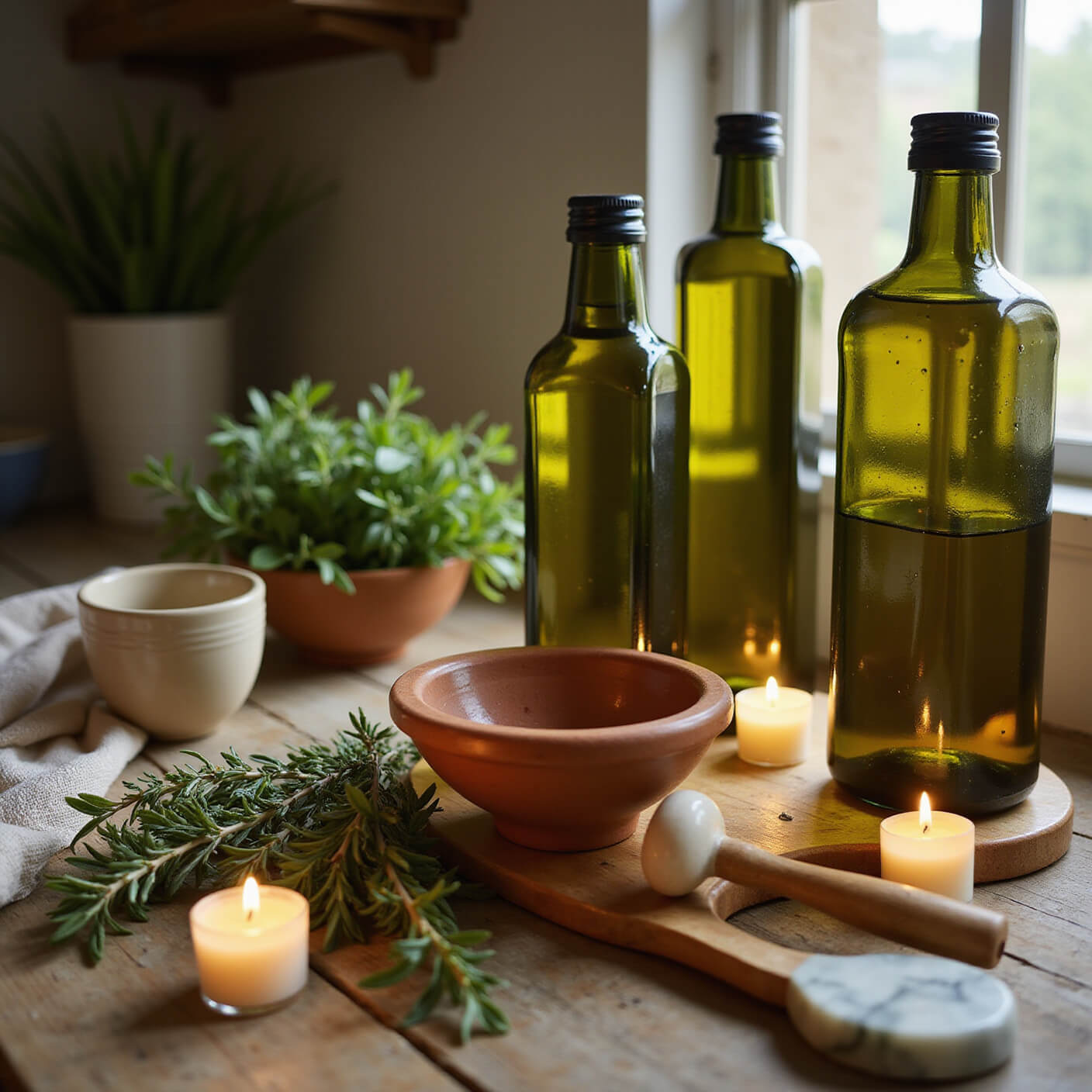 Rustic kitchen scene with olive oil bottles, clay face mask bowls, fresh herbs, wooden massage tools, a marble facial roller, and beeswax candles in warm evening light.