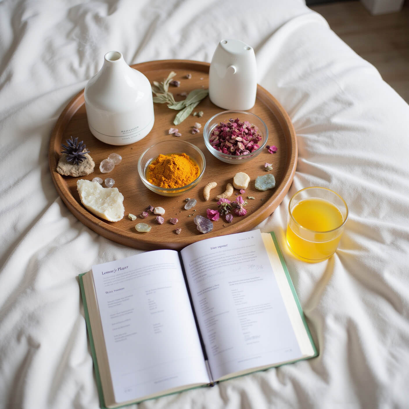 A tranquil bedroom corner at dawn with a wooden tray holding bowls of honey, turmeric, and rose petals, a steaming white diffuser, crystals, dried flowers, an open skincare journal, and a glass of lemon water, all bathed in soft morning light.