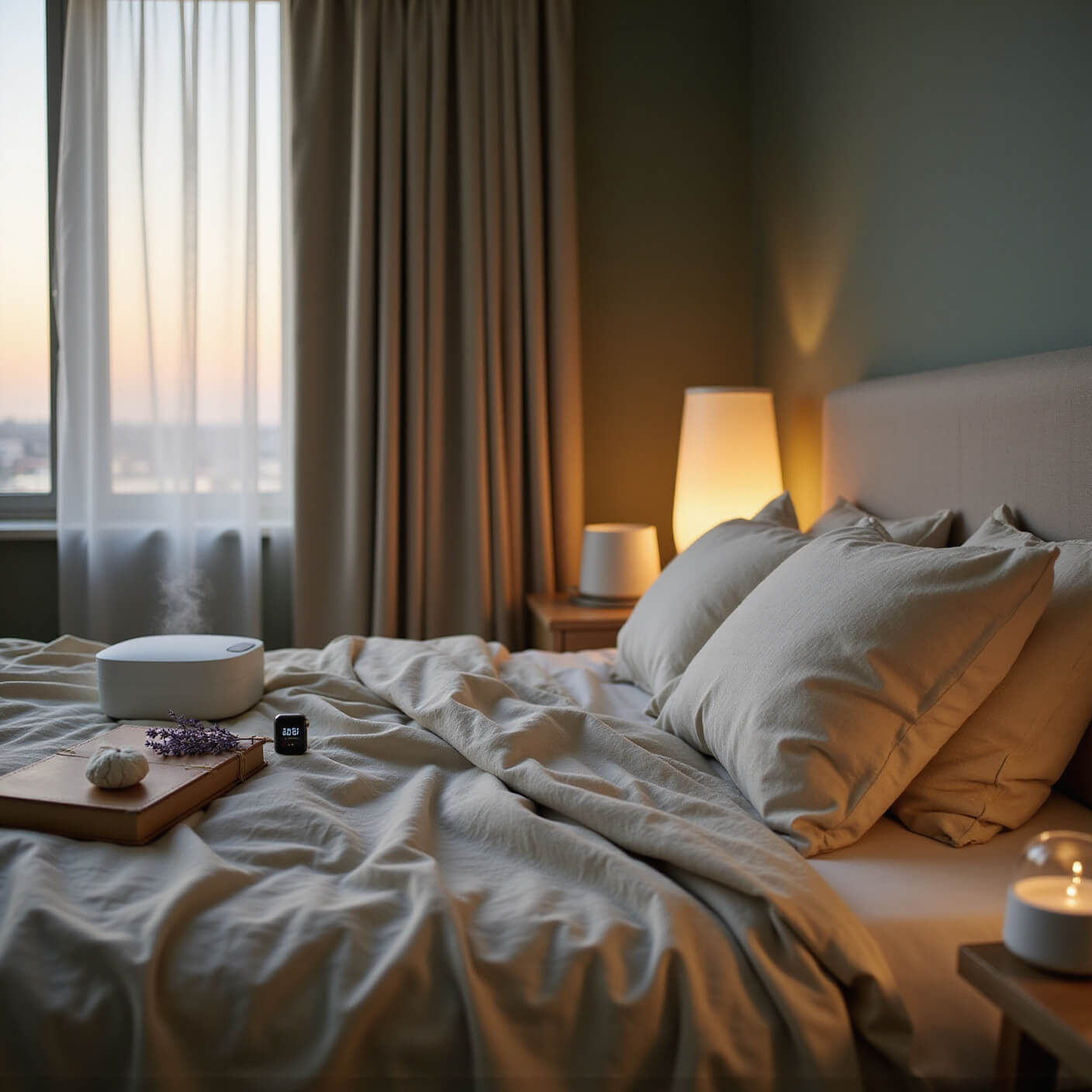 Low-angle view of a serene bedroom at dusk with rumpled ivory sheets on a king-size bed, soft natural light through sheer curtains, a nightstand holding a white noise machine, journal, lavender sachet, smartwatch, and an essential oil diffuser emitting mist; muted sage green walls and a cozy reading nook with a light therapy lamp in the background.