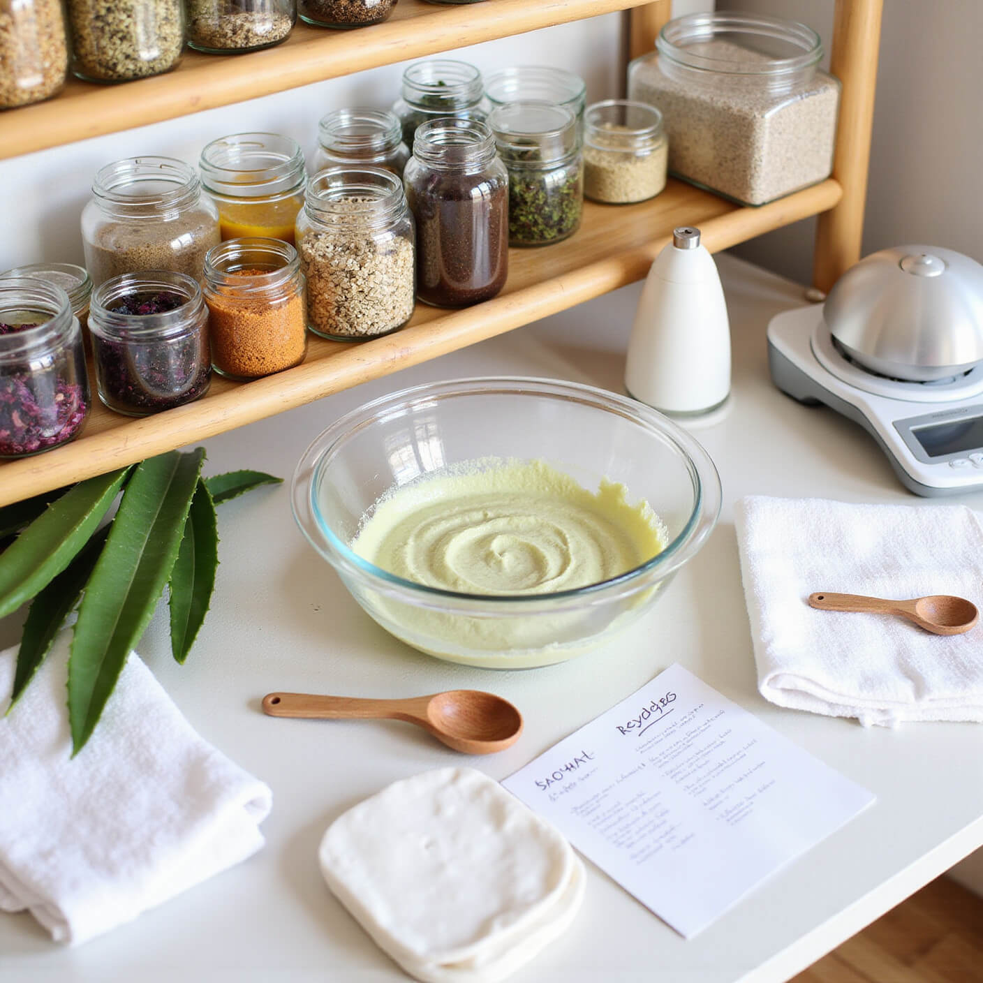 Home spa setup with natural skincare ingredients, glass jars of herbs and clays on bamboo shelves, a mixing bowl with face mask, tools like droppers and a scale, handwritten recipe cards, fresh aloe, white towels, and a face steamer in natural daylight.