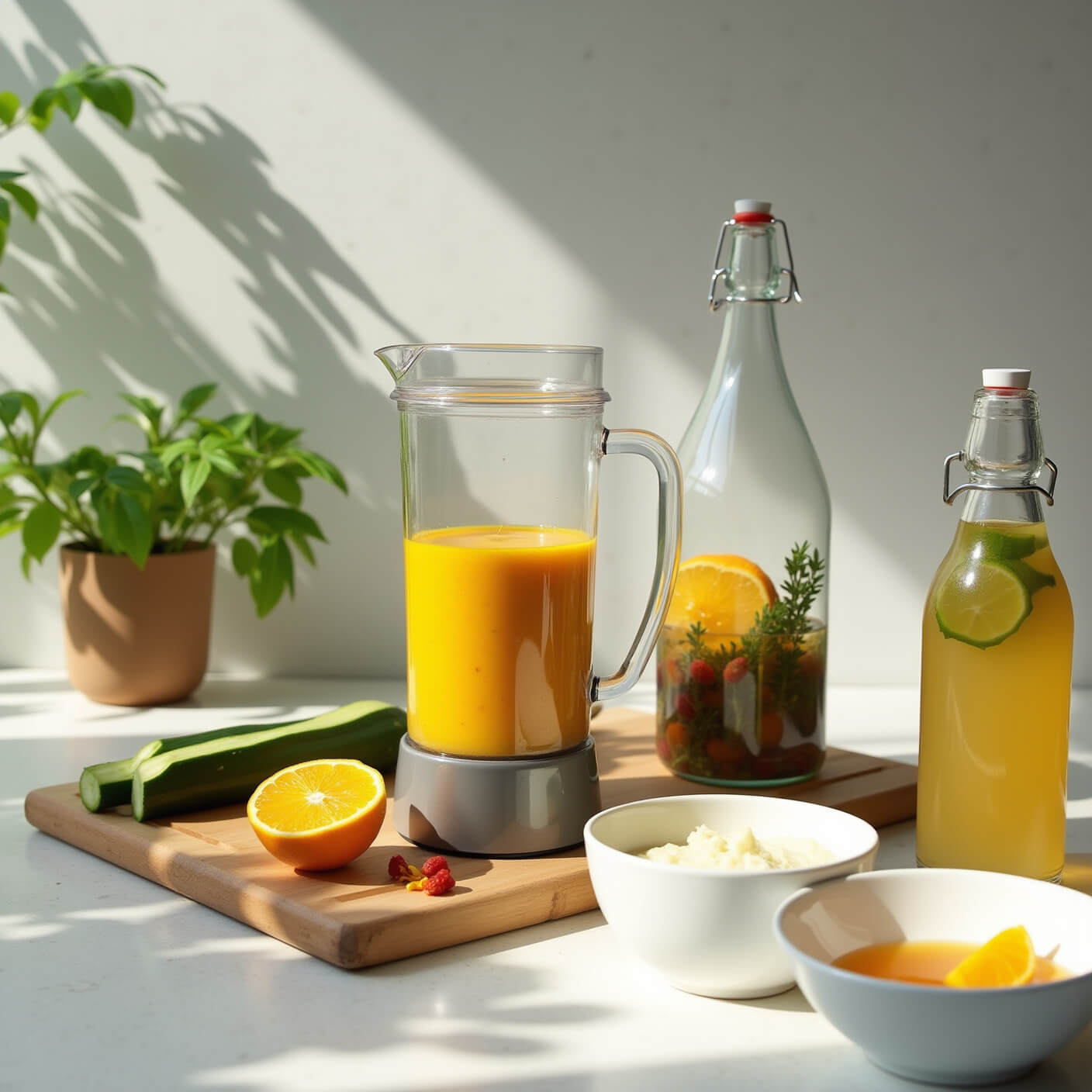 Modern minimalist kitchen with bright light, showcasing a turmeric smoothie in a blender, fresh vegetables, citrus-infused water bottles, and bowls of honey and coconut oil on a concrete countertop.