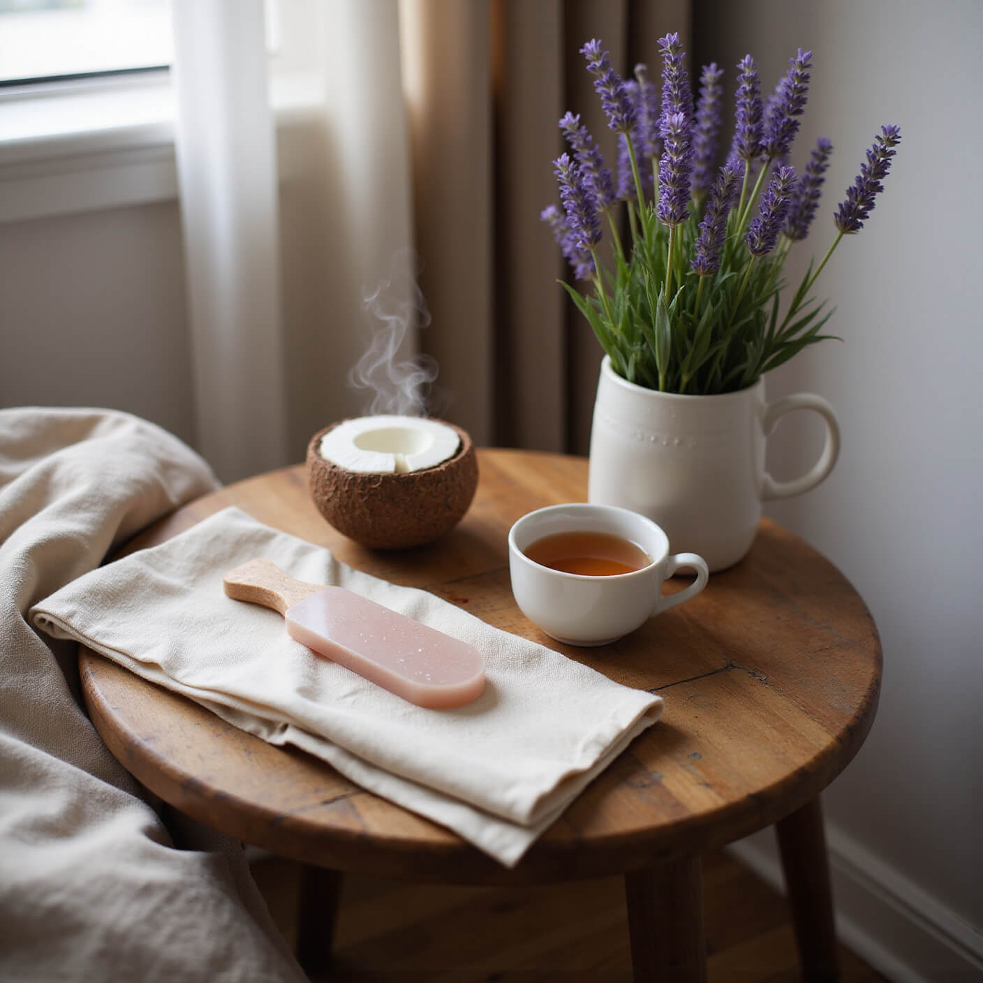 Cozy bedroom corner with a wooden table displaying a rose quartz gua sha, coconut oil face mask, herbal tea, and potted lavender, with soft morning light and linen bedding in the background.