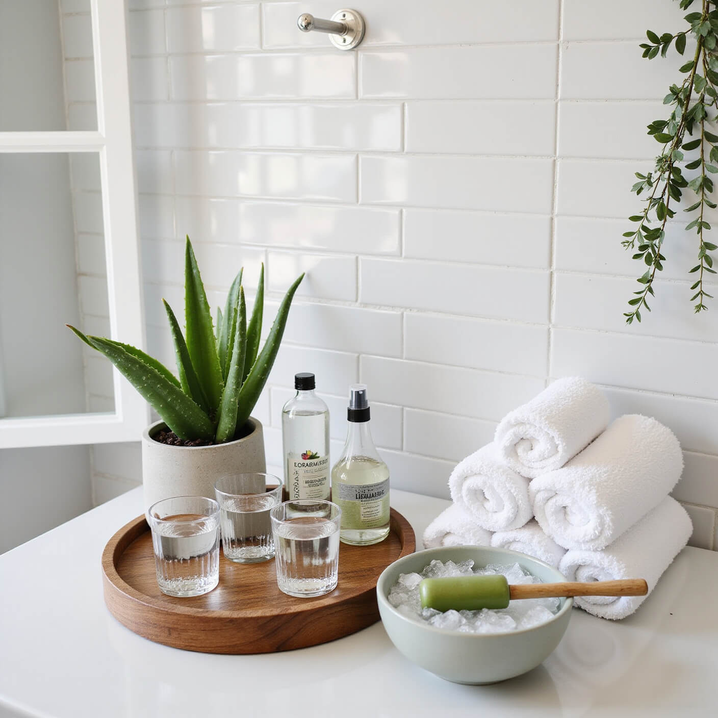 Spa-style bathroom with hydration station featuring crystal water carafe, facial mists, aloe plant, jade roller on ice, rolled white towels, and eucalyptus branches, bathed in afternoon light.