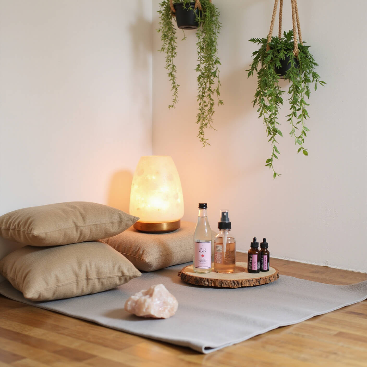 Cozy morning yoga nook with eco-friendly mat on bamboo floor, surrounded by linen cushions, rose water sprays, facial oils, glowing Himalayan salt lamp, crystals, dried herbs, and hanging plants.
