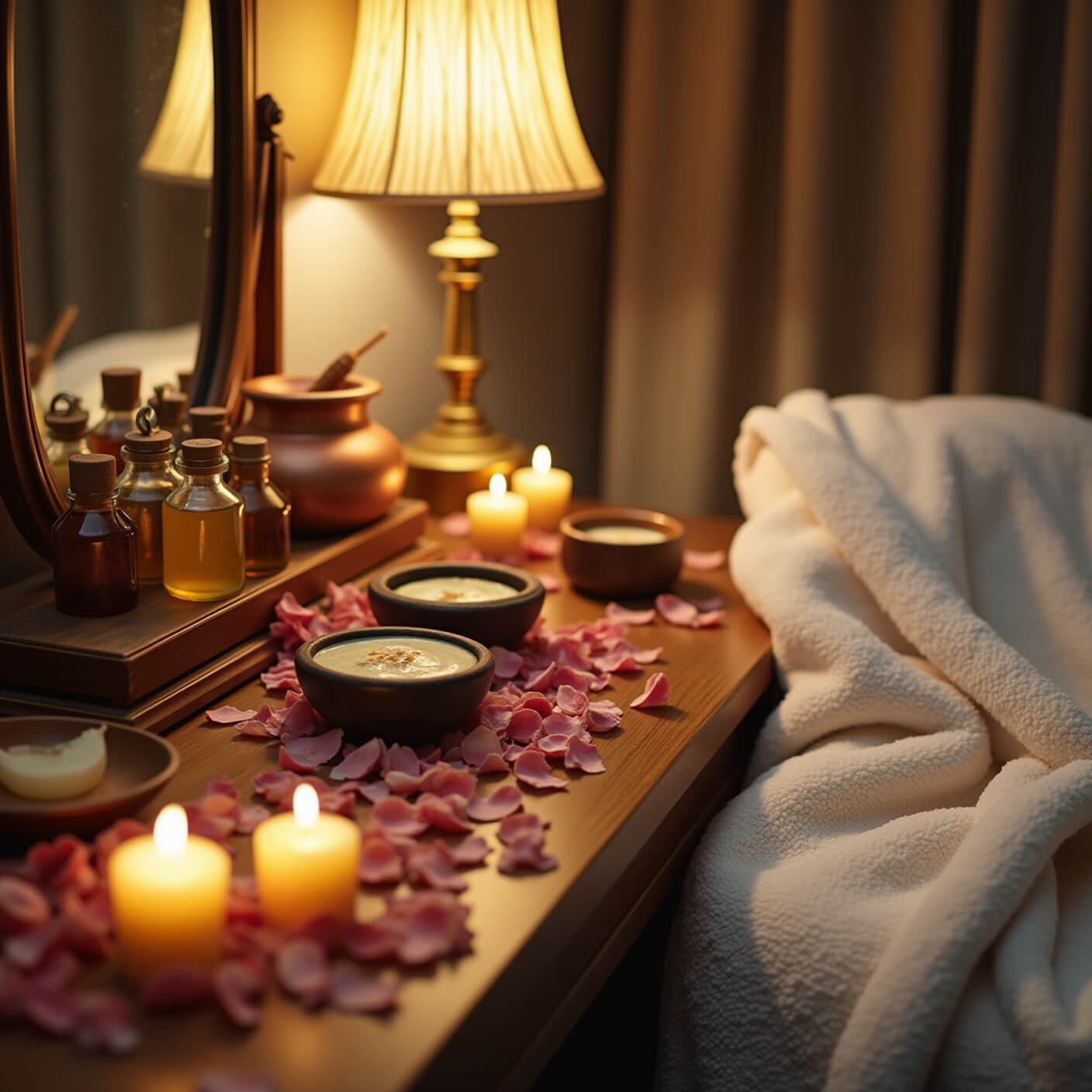 Vintage vanity lit by warm lamp light, displaying glass facial oil bottles, honey pot with copper dipper, ceramic face mask dishes, dried rose petals, glowing beeswax candles, and a plush white robe draped over a chair.
