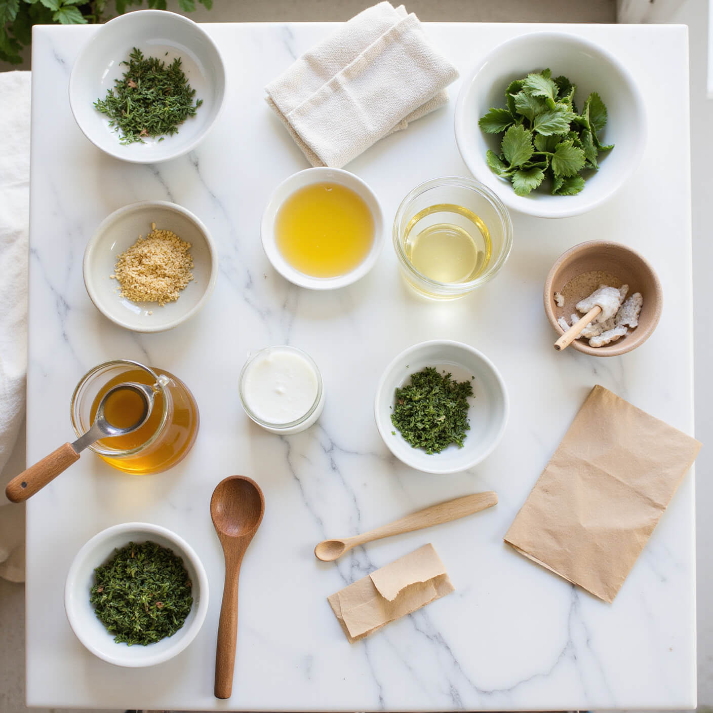 Overhead view of a bright kitchen island with fresh herbs, honey jars, coconut oil in glass containers, wooden utensils, linen tea towels, and recipe cards, framed by soft natural light and a garden visible through the window.