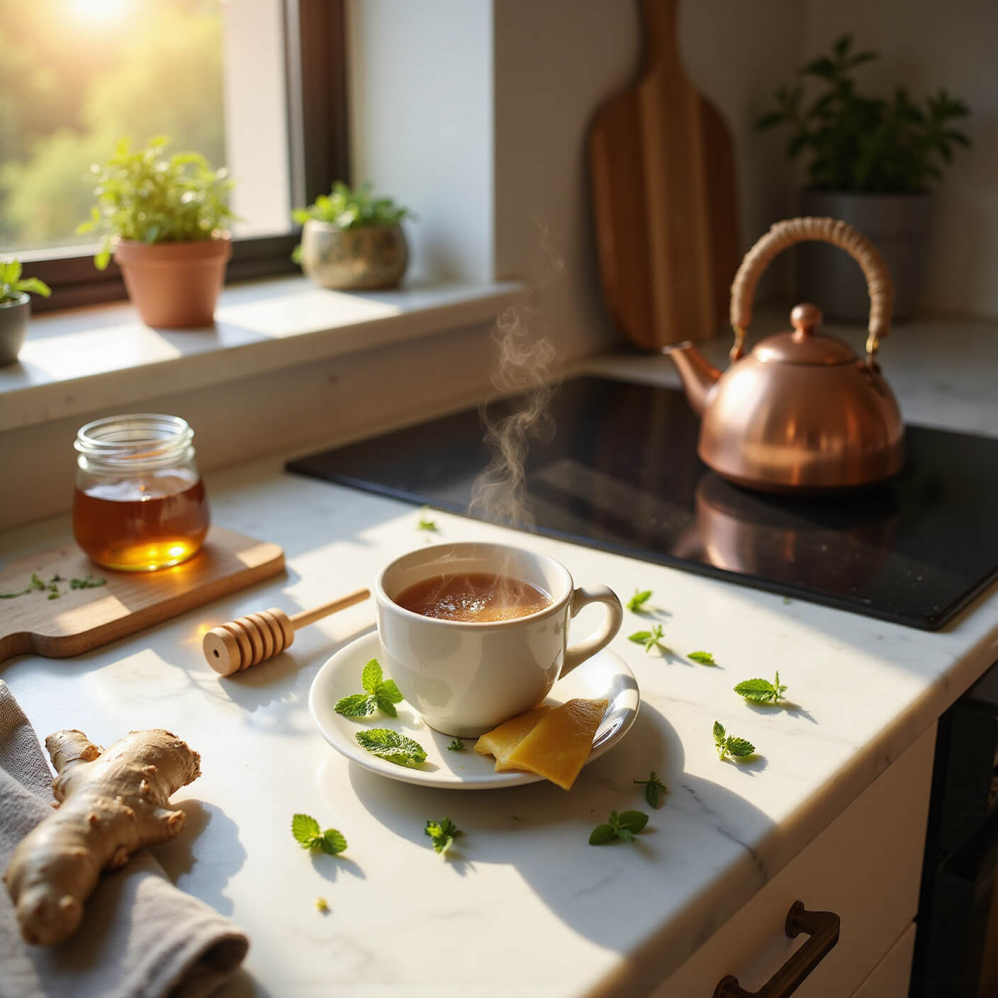 Sunlit modern kitchen at golden hour with a steaming cup of peppermint-ginger tea on a marble countertop, surrounded by fresh ginger, peppermint leaves, a wooden honey dipper, copper kettle, jar of dried herbs, linen tea towel, cutting board, and potted mint plant.