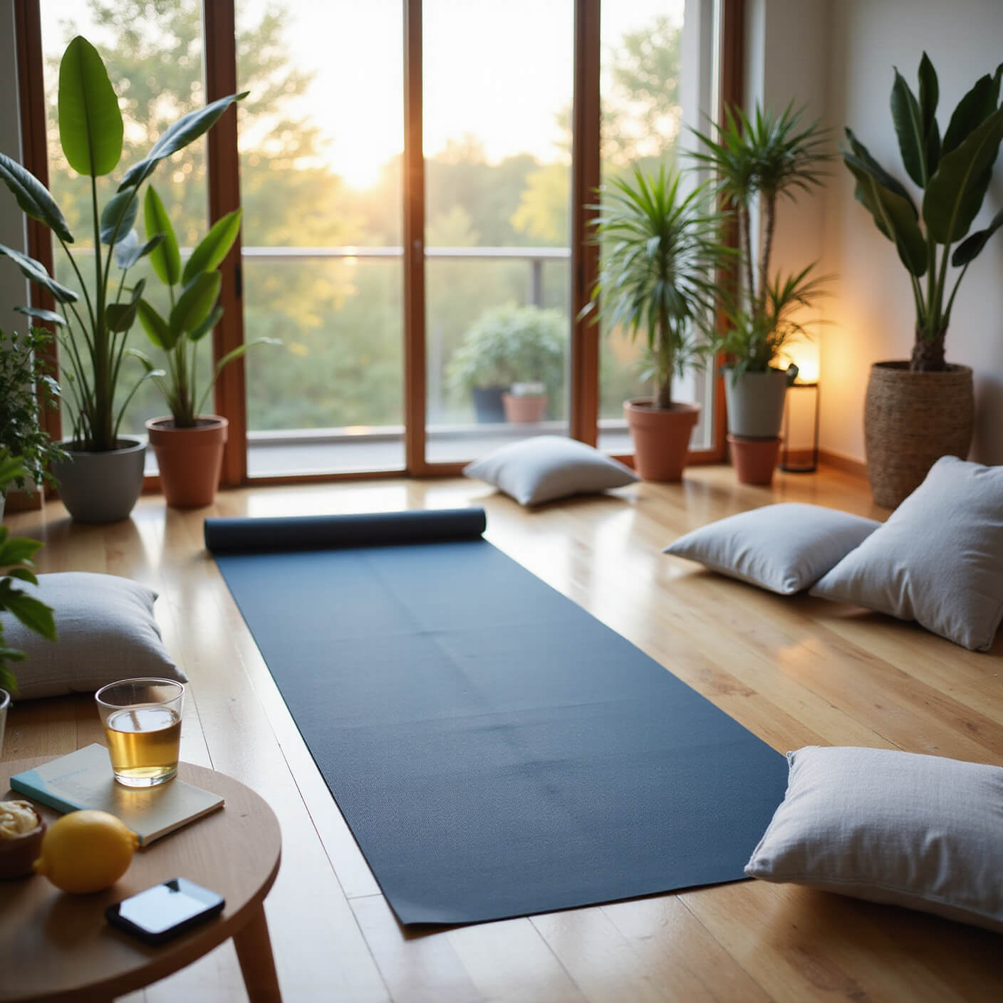 Minimalist home yoga space at dawn with navy yoga mat, grey cushions, potted plants, and wellness items on teak table, bathed in soft natural light.