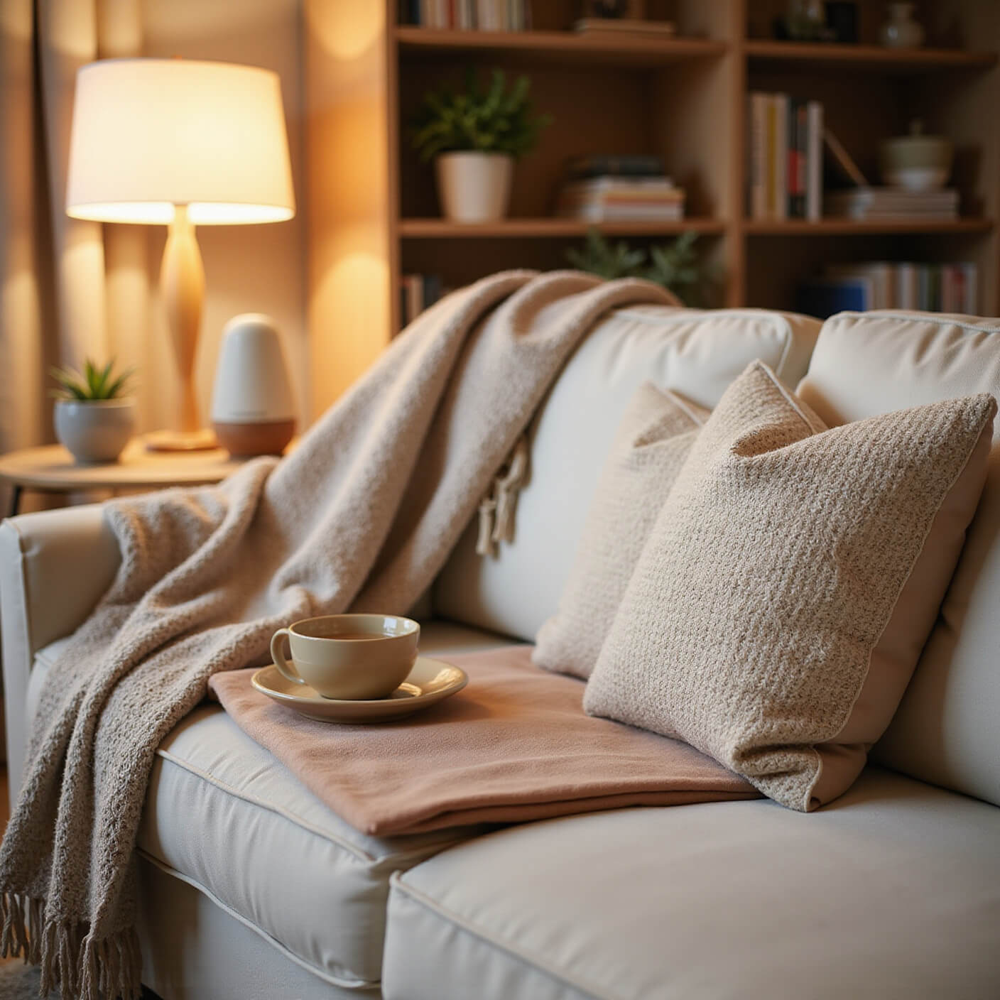 Cozy self-care evening with heating pad on ivory couch, woven blanket, misting diffuser, fennel tea on side table, warm lamp lighting, and bookshelves with wellness books and succulents.