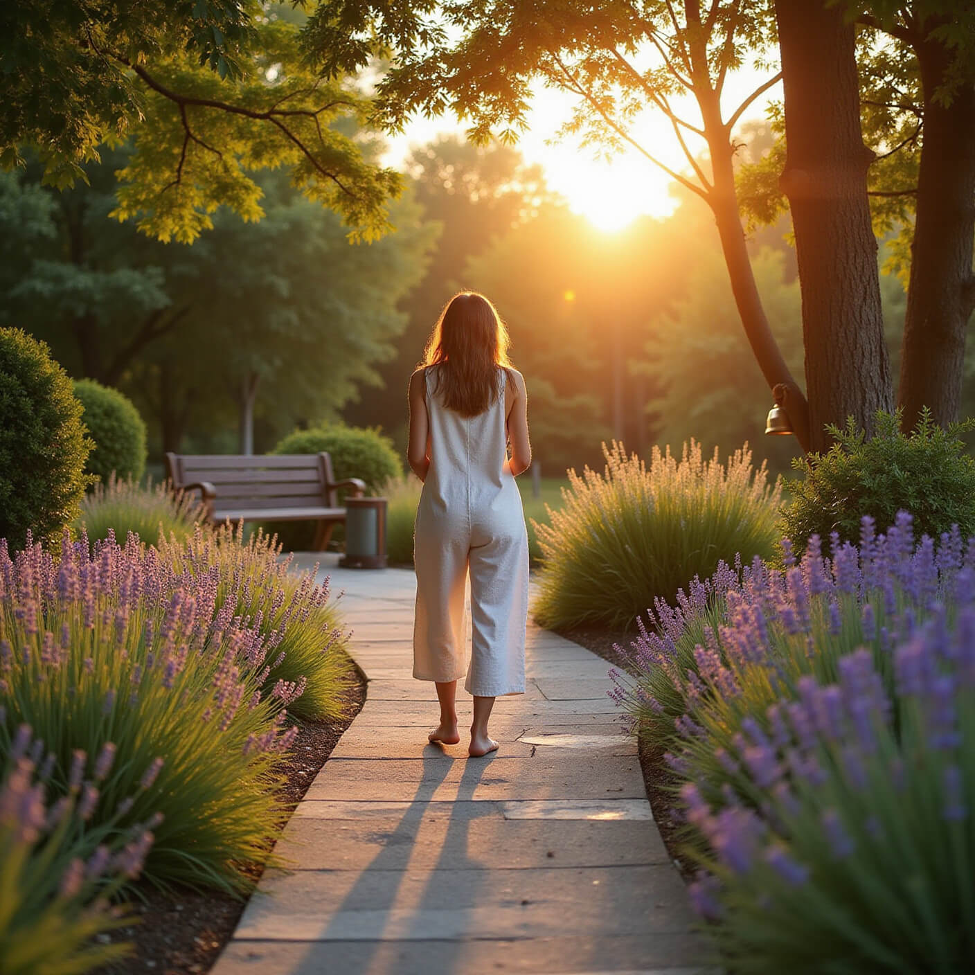 Person in linen walking a stone garden path at sunset, surrounded by lavender, herbs, trees, with a bench and meditation bell in soft golden light.