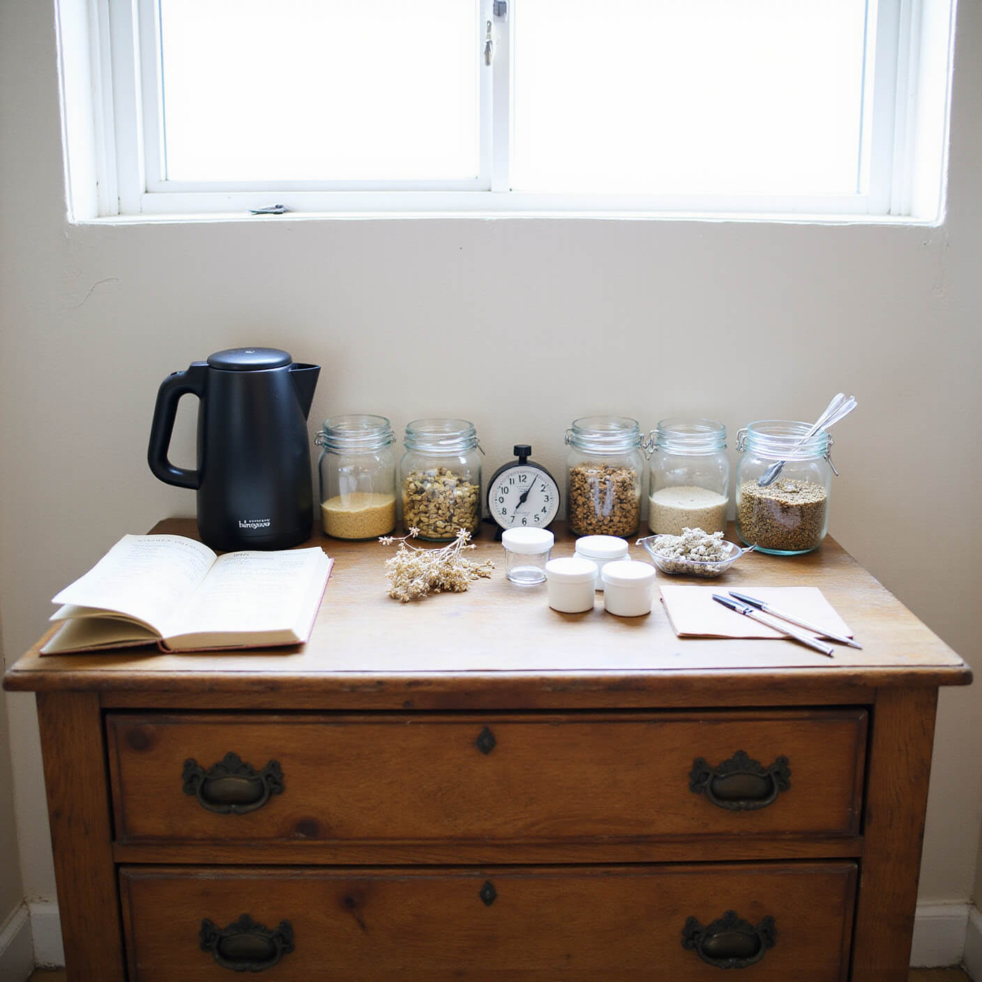 A tidy wellness station on a vintage wooden dresser featuring glass jars of herbs, an electric kettle, measuring tools, a handwritten journal, a timer, and dried flowers, bathed in soft morning light.