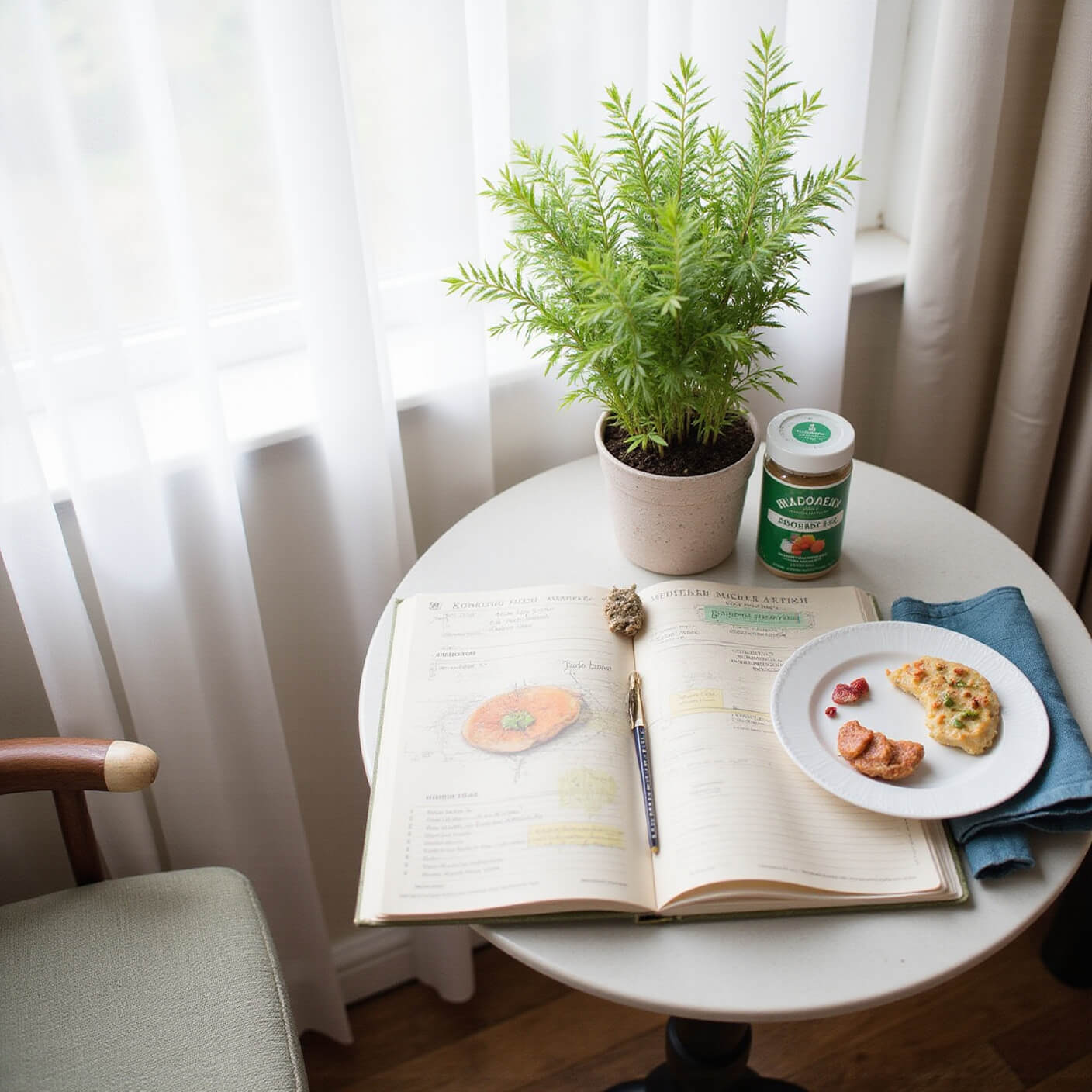 A cozy breakfast nook with a round table displaying a plated probiotic breakfast, a food journal, a herbal tea blend, and a small indoor herb garden, bathed in bright morning light.