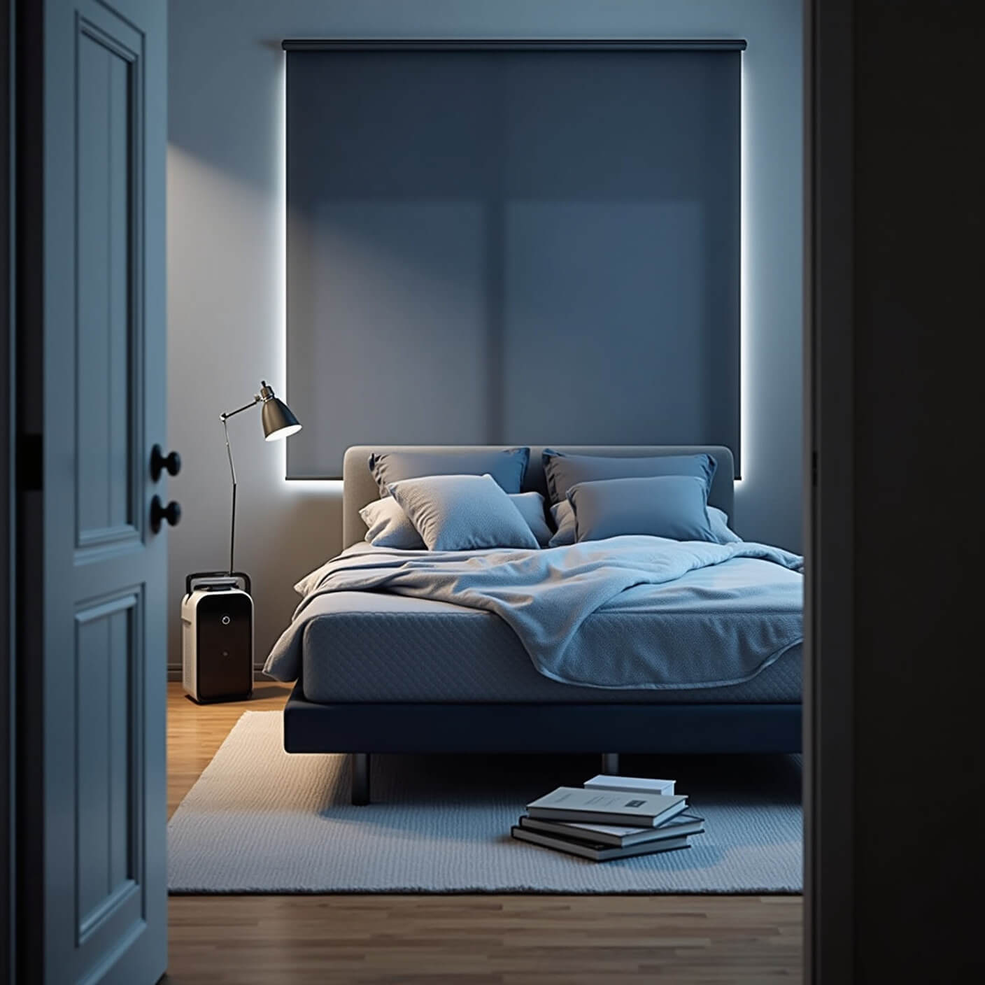 Contemporary tech-free bedroom at twilight with ergonomic bed, cooling pillows, weighted blanket in blues and greys, blackout blinds, air purifier, humidity monitor, and analog alarm clock.