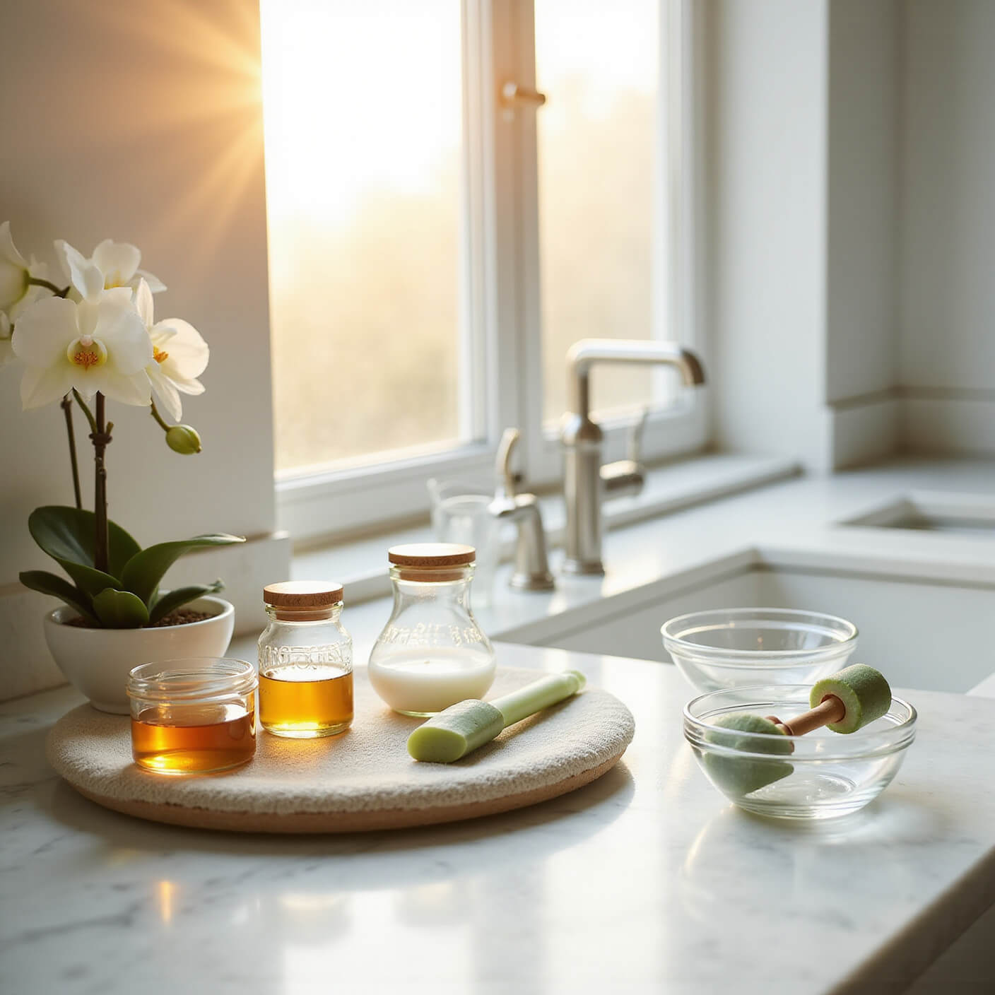 Modern bathroom at sunrise with marble countertop displaying jars of honey, rice water, aloe vera, an orchid, jade roller, and DIY face masks in glass bowls, styled with minimalist spa decor.