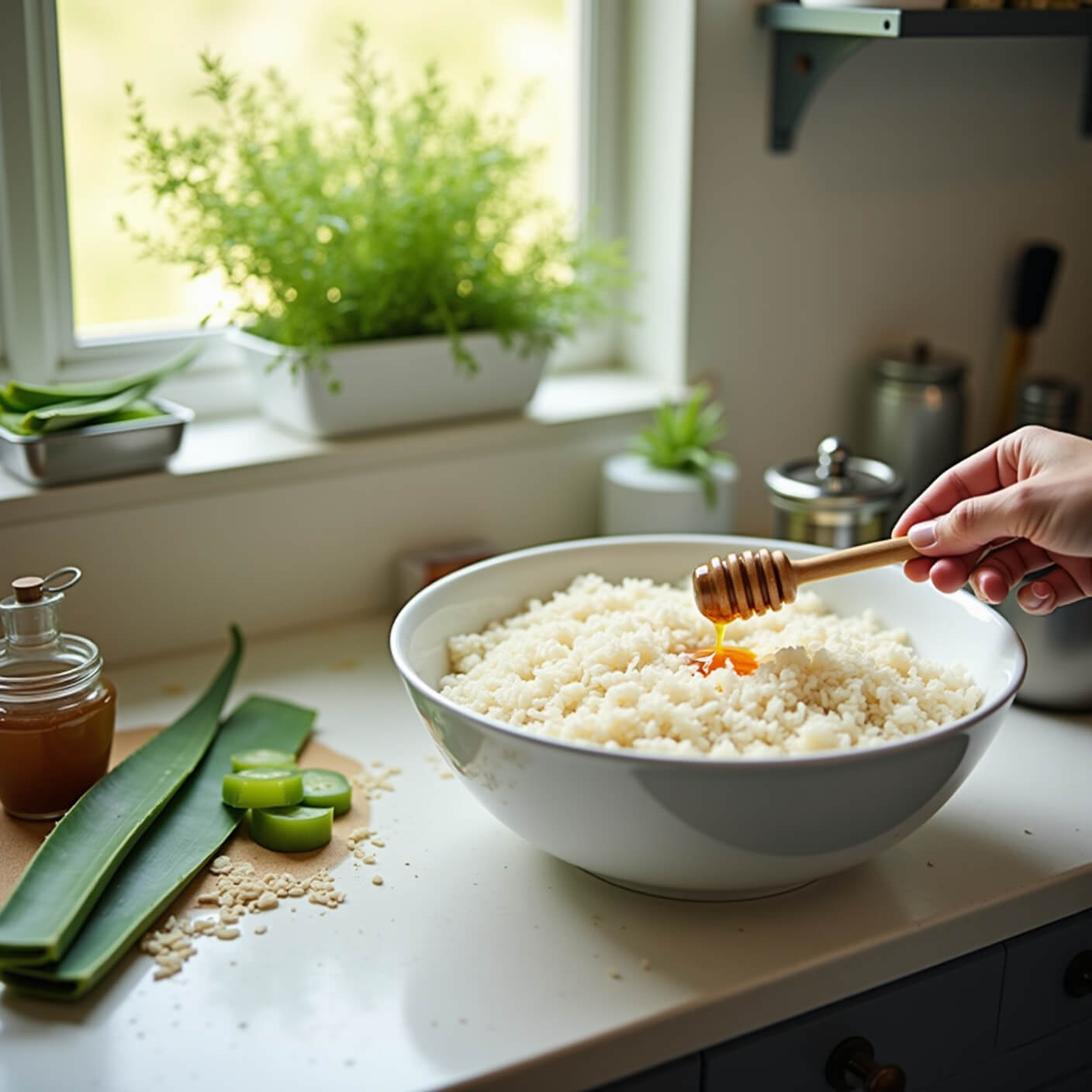 Overhead view of a bright kitchen workspace preparing glass skin ingredients: rice water in a white bowl, fresh-cut aloe vera, honey dripping from a wooden dipper, with a herb garden visible through a sunlit window and stainless steel tools and glass jars nearby.