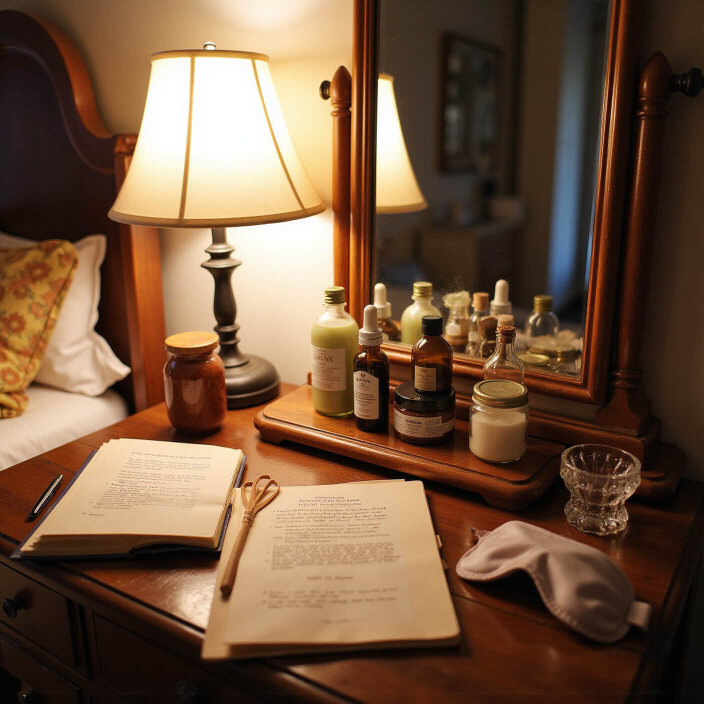 Cozy bedroom corner with antique vanity lit by soft lamp, vintage glass bottles of natural skincare ingredients, open journal with notes, silk eye mask, and crystal water bottle, creating a warm, intimate self-care atmosphere.