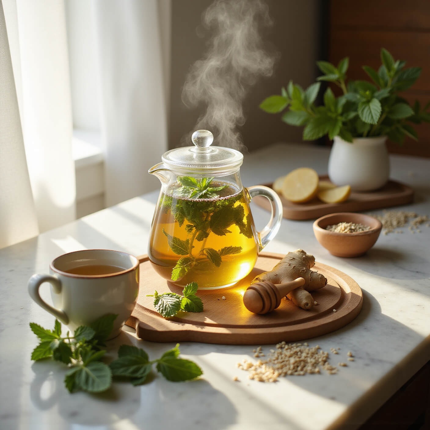 Morning kitchen scene with soft light, marble counter displaying peppermint tea, fresh mint, ginger, fennel seeds, and a wooden tray with ceramic mug, honey dipper, and chamomile flowers, steam rising warmly.