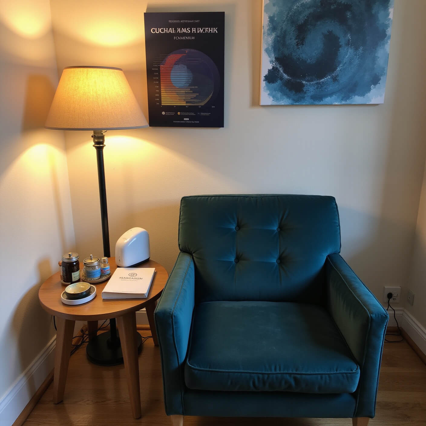 Cozy evening self-care corner with a teal velvet armchair, warm floor lamp, wooden side table holding tea, supplements, and a gratitude journal, circadian rhythm chart, calming blue abstract art, white noise machine, and aromatherapy diffuser.