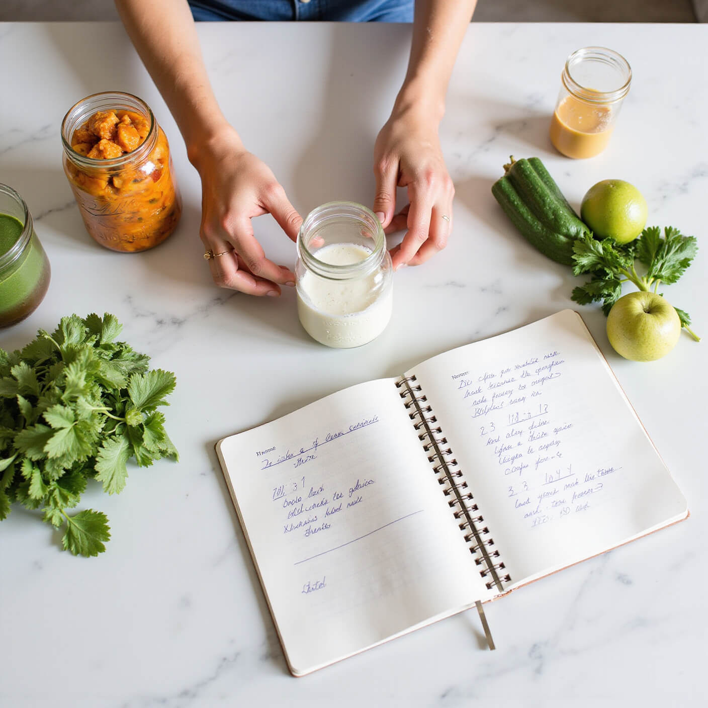 Overhead view of a bright kitchen with a person arranging jars of kimchi, kefir, and kombucha on a white marble counter, surrounded by fresh vegetables, herbs, a green smoothie, and an open food sensitivity notebook.