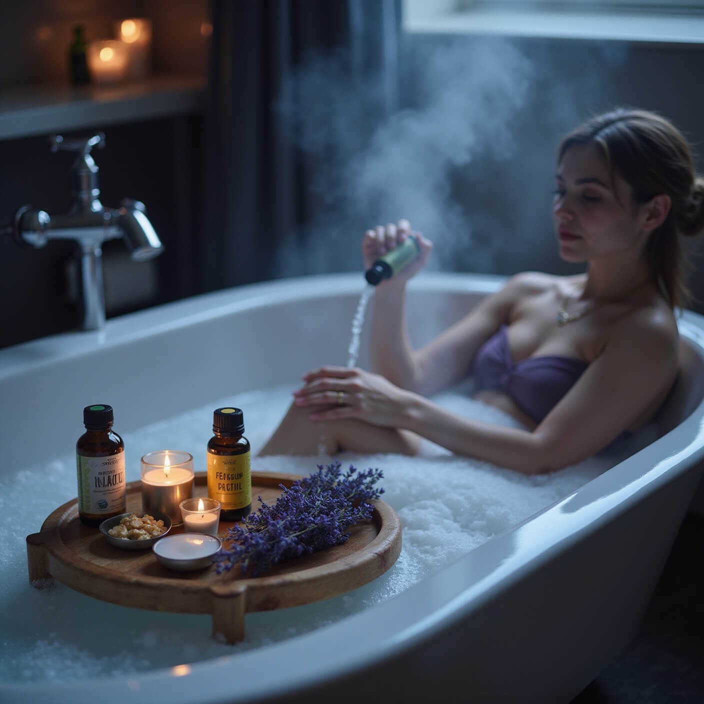Person adding essential oils to a steaming bath with Epsom salts, surrounded by candles, dried lavender, and wellness supplements on a wooden caddy in a dimly lit modern bathroom.
