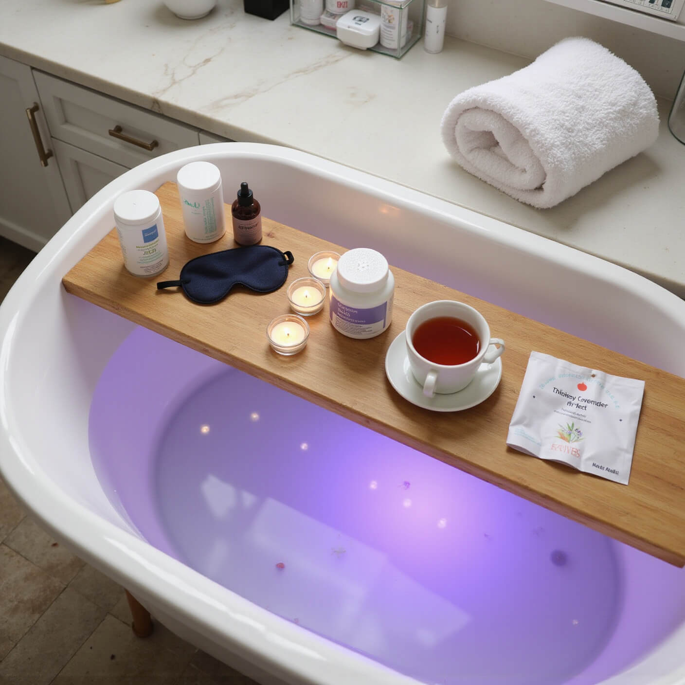 Spa-like bathroom setup for bedtime with a freestanding tub of lavender water, flameless candles, a bath caddy holding tea and sleep items, skincare products on marble, and plush towels, shot from above.