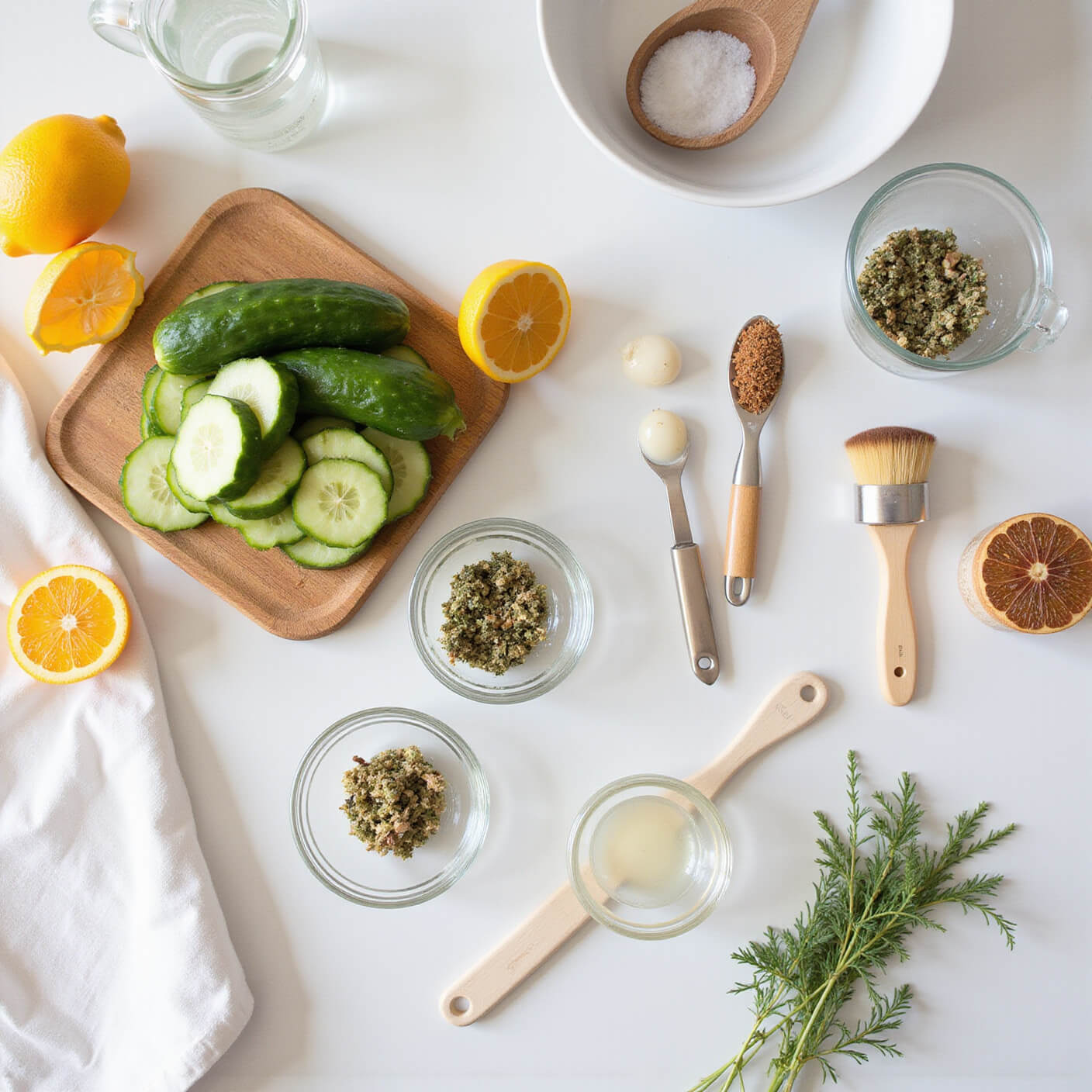 High-angle view of a bright kitchen workspace with fresh cucumber slices, citrus fruits, herbs, glass jars of botanicals, measuring spoons, brushes, linen napkins, and mixing bowls, all bathed in soft natural light.