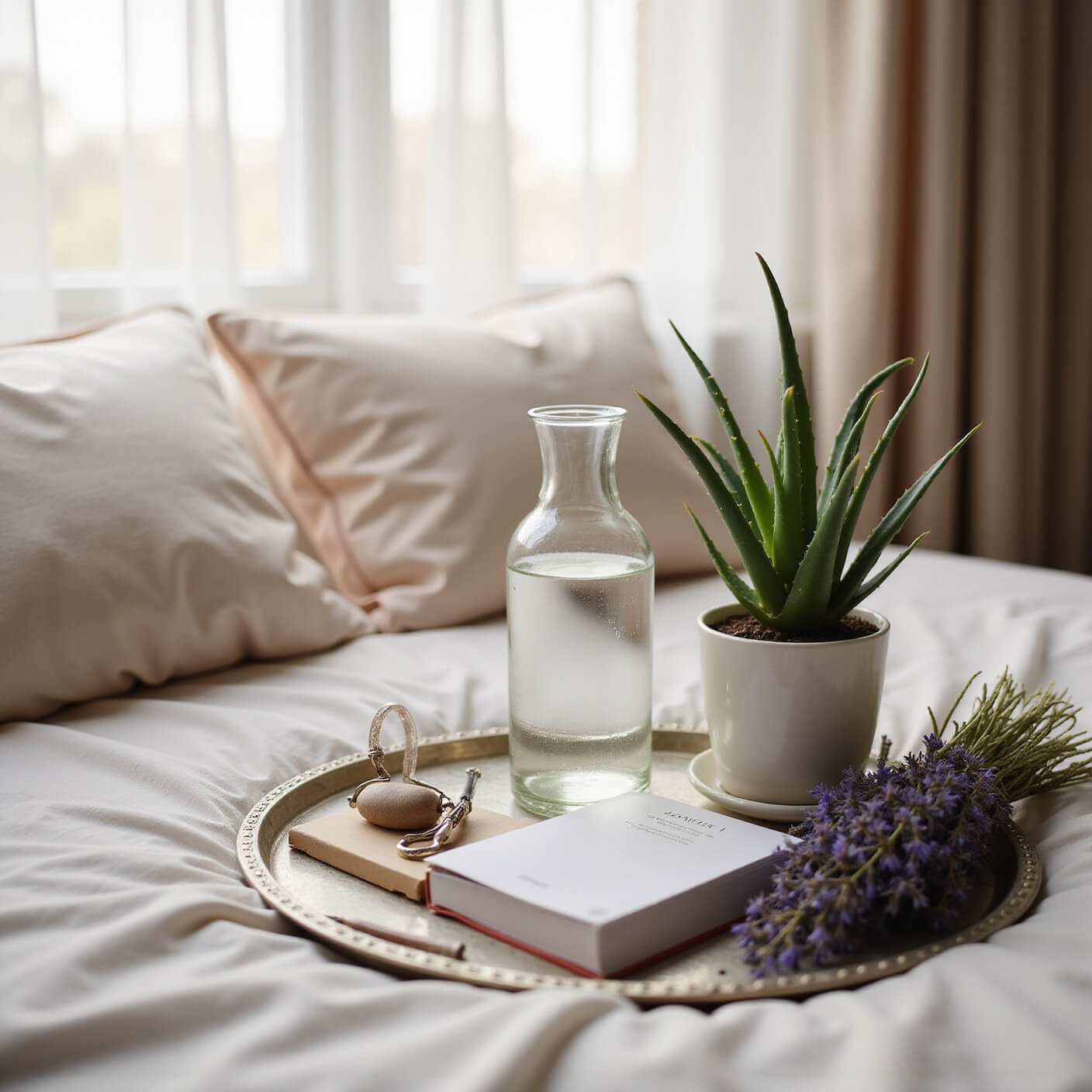 Serene bedroom corner at dawn with silk pillowcase, glass water carafe, skincare journal, aloe plant, crystal facial roller on silver tray, and dried lavender in soft morning light.