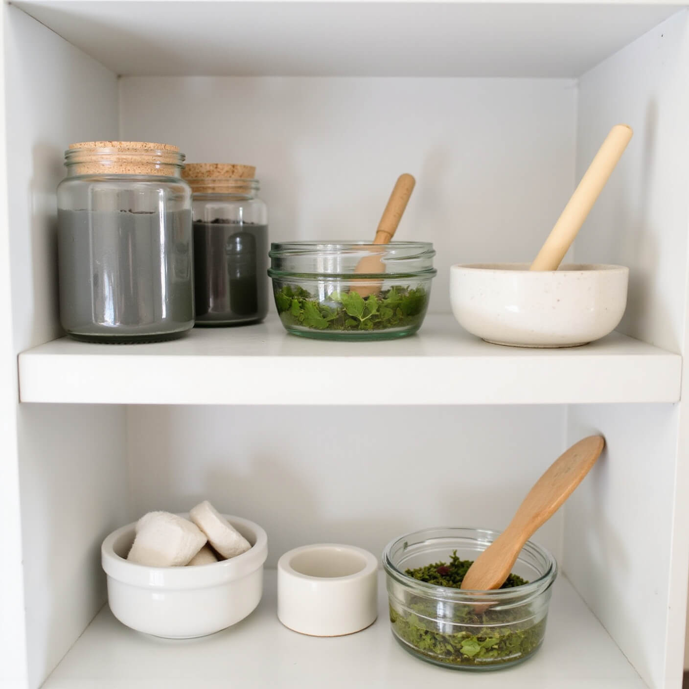 Minimalist bathroom shelf with glass jars of clay masks, wooden applicators, herbs in water, white bowls, cotton rounds, and bamboo tools, softly lit with clean, airy styling.