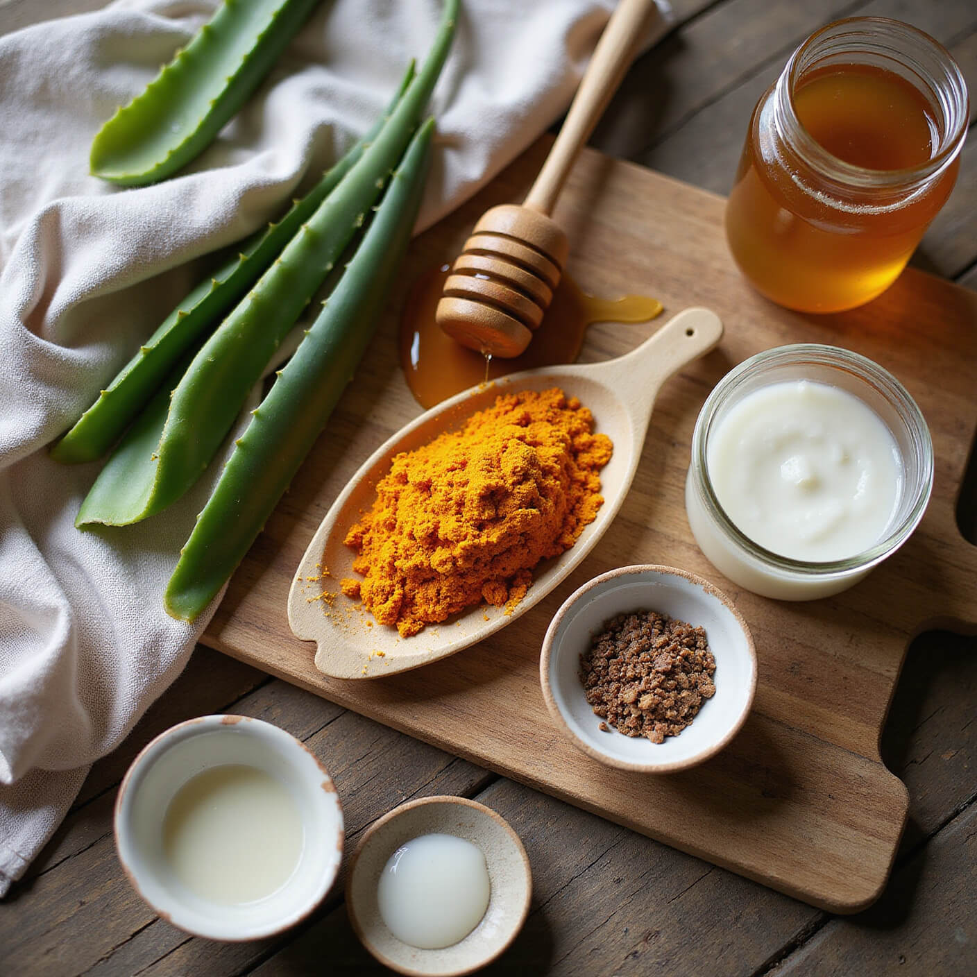 Overhead view of rustic kitchen with honey dripping from dipper, grated turmeric, aloe vera gel, coconut oil jar, on weathered wood with linen towels and ceramic bowls in afternoon light.