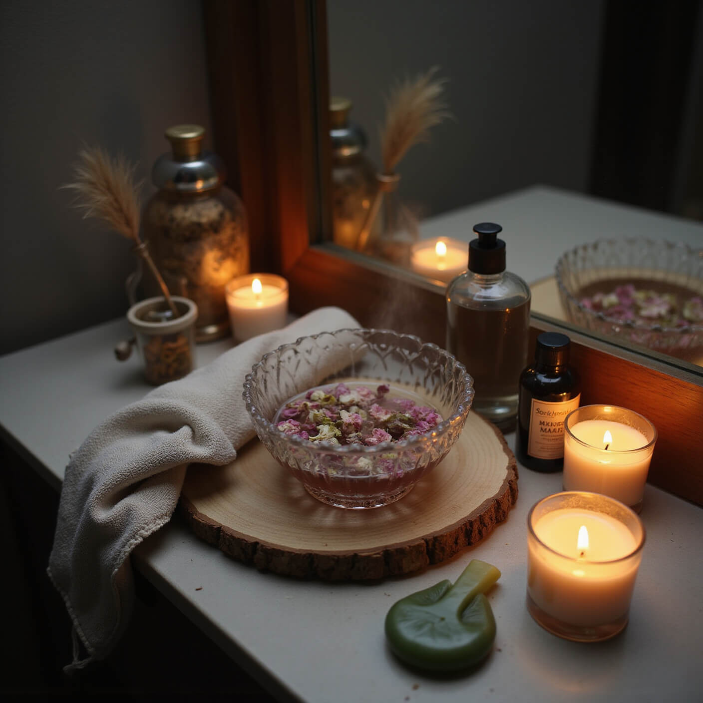 Evening bathroom counter with steaming towel, rose water bowl, dried flowers, glass bottles of oils, and lit soy candles, featuring a jade gua sha on silk cloth in warm, moody lighting.