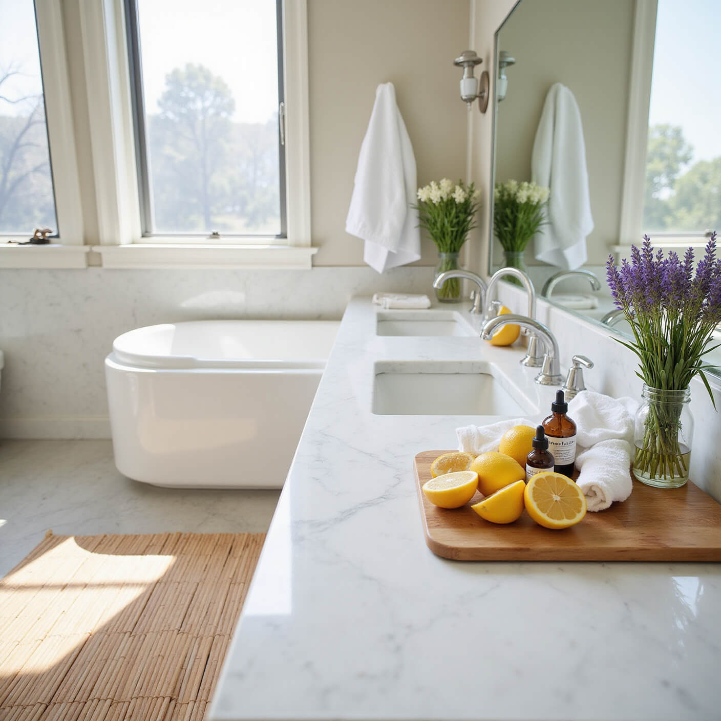 Sunlit master bathroom with white marble counter displaying natural flea treatment ingredients, bamboo mat, fresh towels, eco-friendly tools, and potted lavender plants.