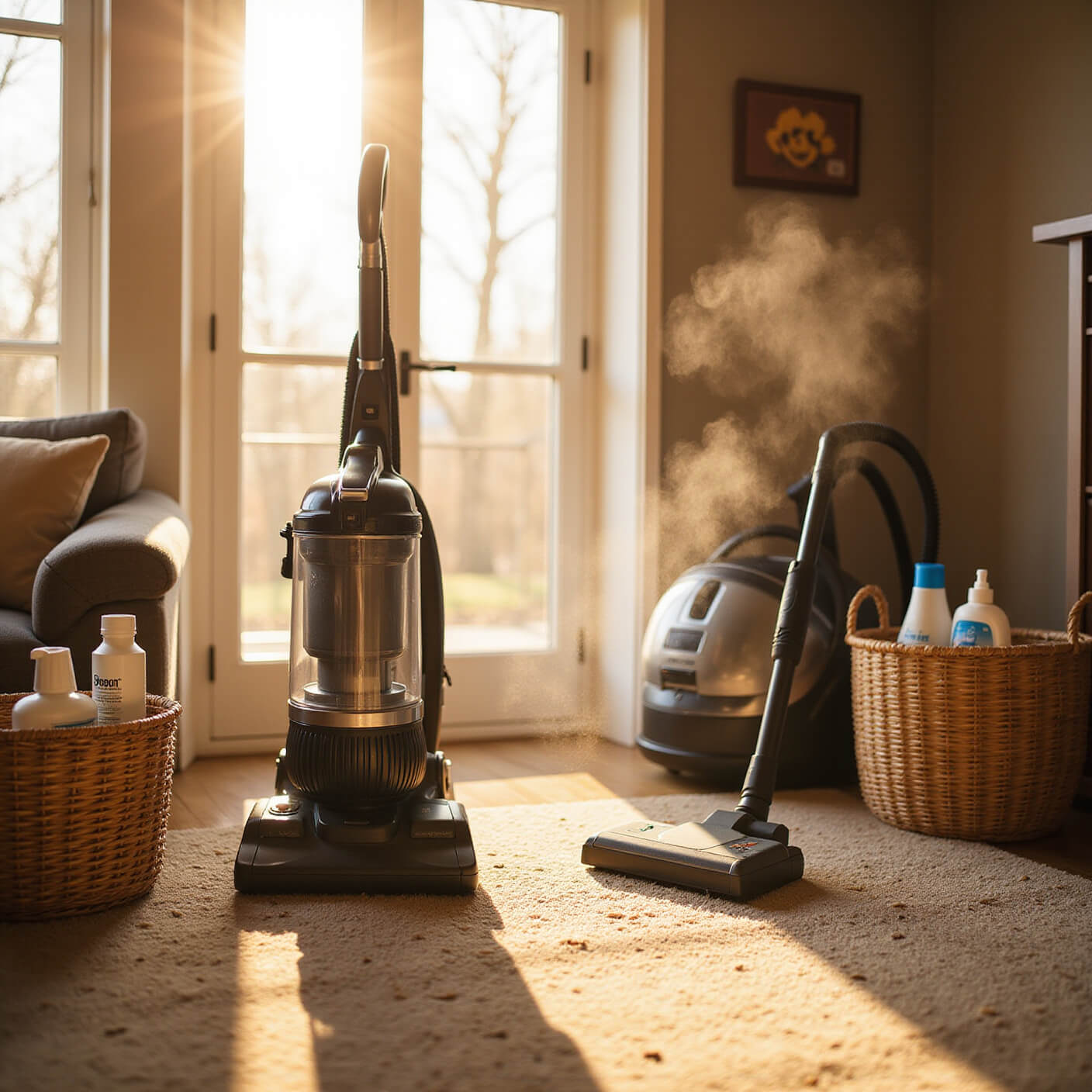 Modern living room at golden hour with vacuum and steam cleaner on beige carpet, sunlight streaming through large windows, eco-friendly flea treatment products and woven baskets visible.