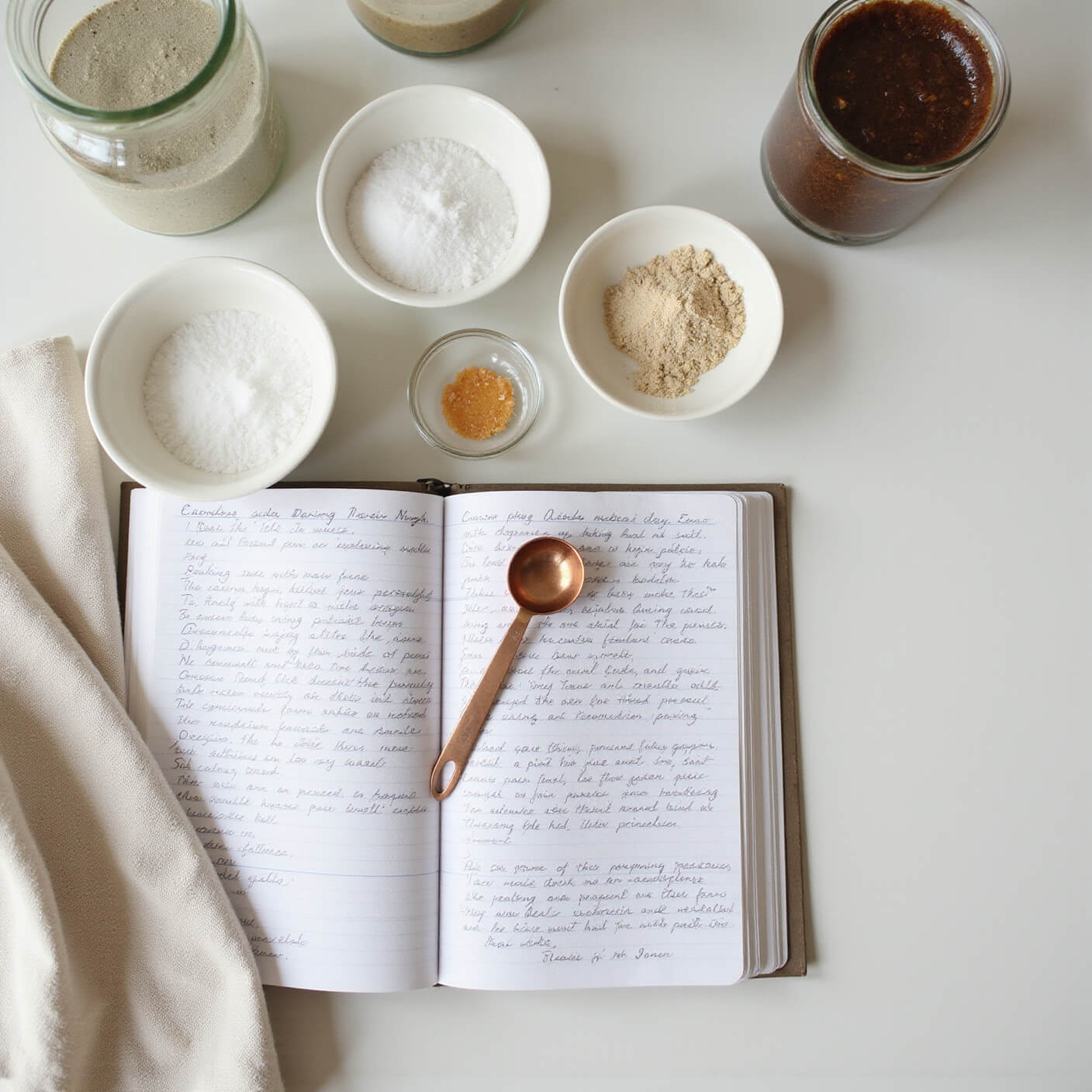 Bird's-eye view of a sunlit kitchen counter with white bowls of salt, baking soda, and diatomaceous earth, an open handwritten remedy journal with a copper spoon, soft linens, and glass jars.