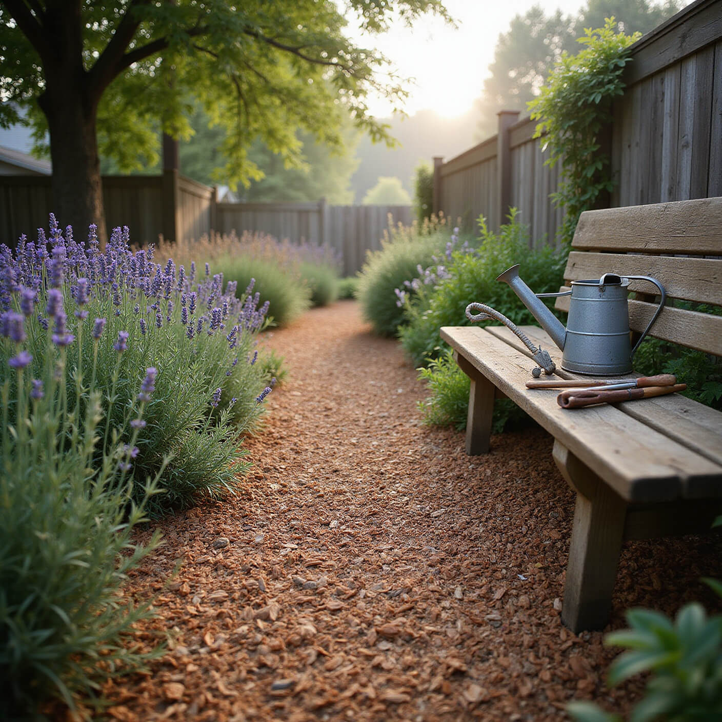 Serene dawn garden with cedar chip paths winding through dew-covered lavender and rosemary, vintage watering can on a weathered bench, soft mist enhancing lush browns and greens.