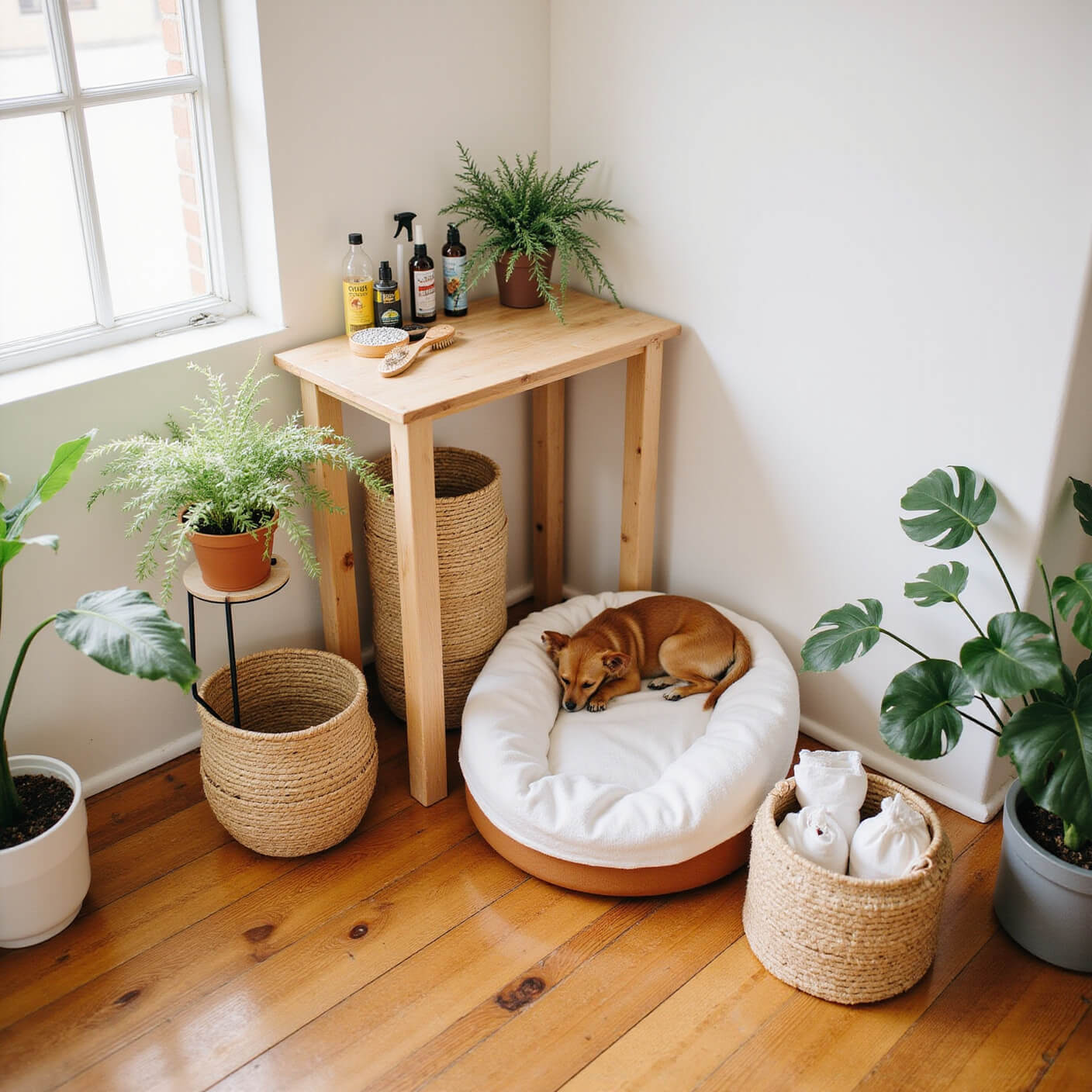 Cozy afternoon pet care corner with bamboo grooming station, natural flea prevention tools, clean organic pet beds, woven storage baskets, wooden floor, white walls, and potted pet-safe plants.