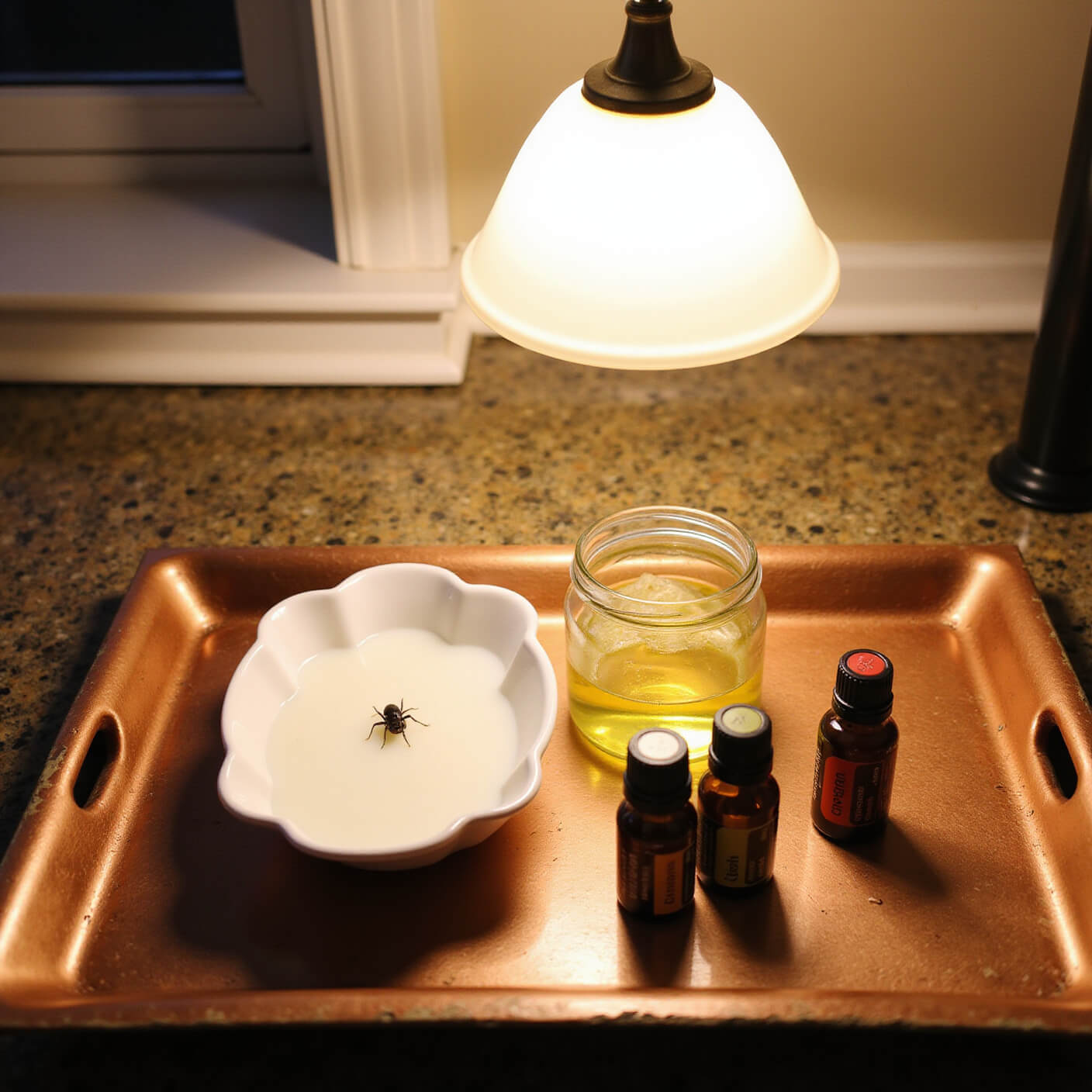 Evening flea treatment setup in a craftsman kitchen with soapy water trap in a white dish, steeping lemon solution in a glass jar, essential oils on a wood tray, and warm lighting reflecting off copper and glass.
